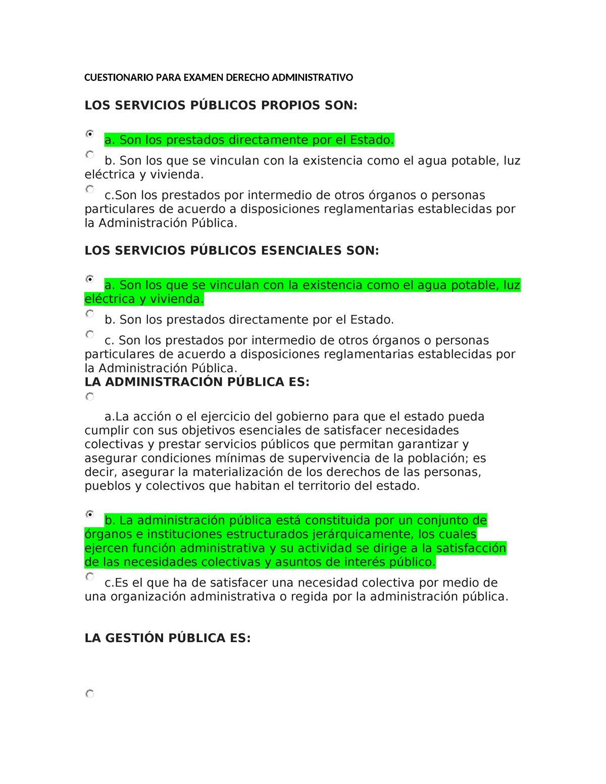 Cuestionario PARA Examen Derecho Administrativo - CUESTIONARIO PARA ...