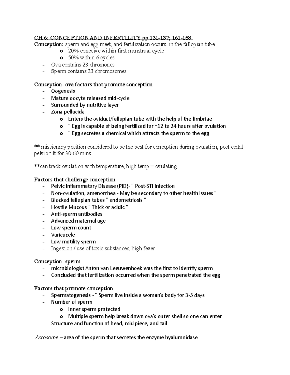 Ch 6 Human Sex Chapter 6 Notes Ch 6 Conception And Infertility Pp 131 137 161 Conception 9482