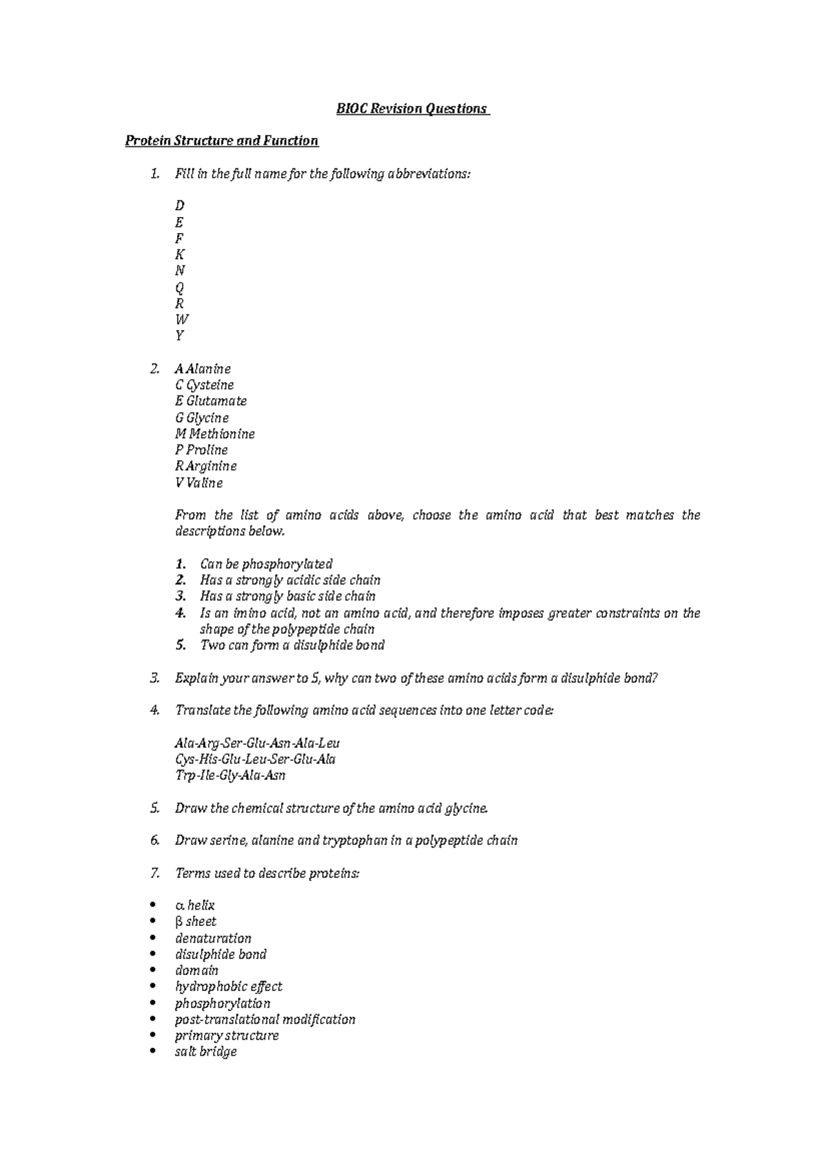 BIOC Revision Qs - BIOC Revision Questions Protein Structure And ...