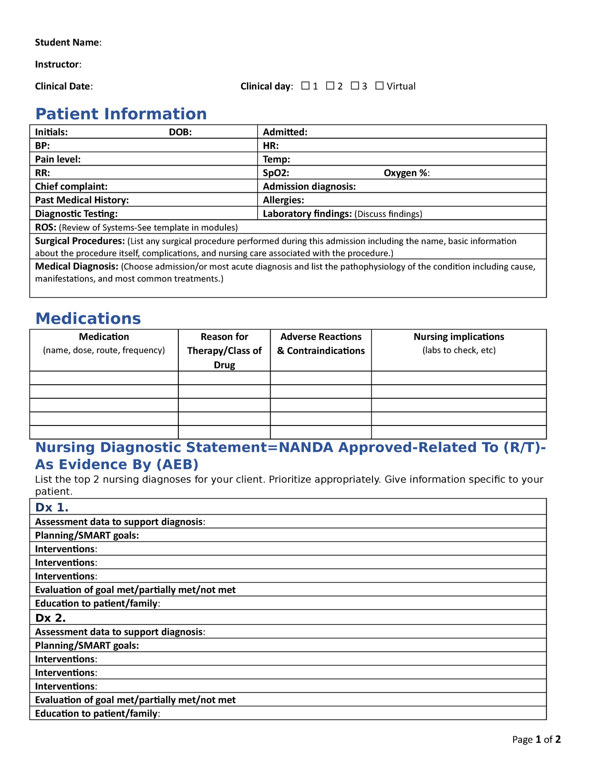 Care Plan Template-1 Physical Assessment - Student Name: Instructor ...