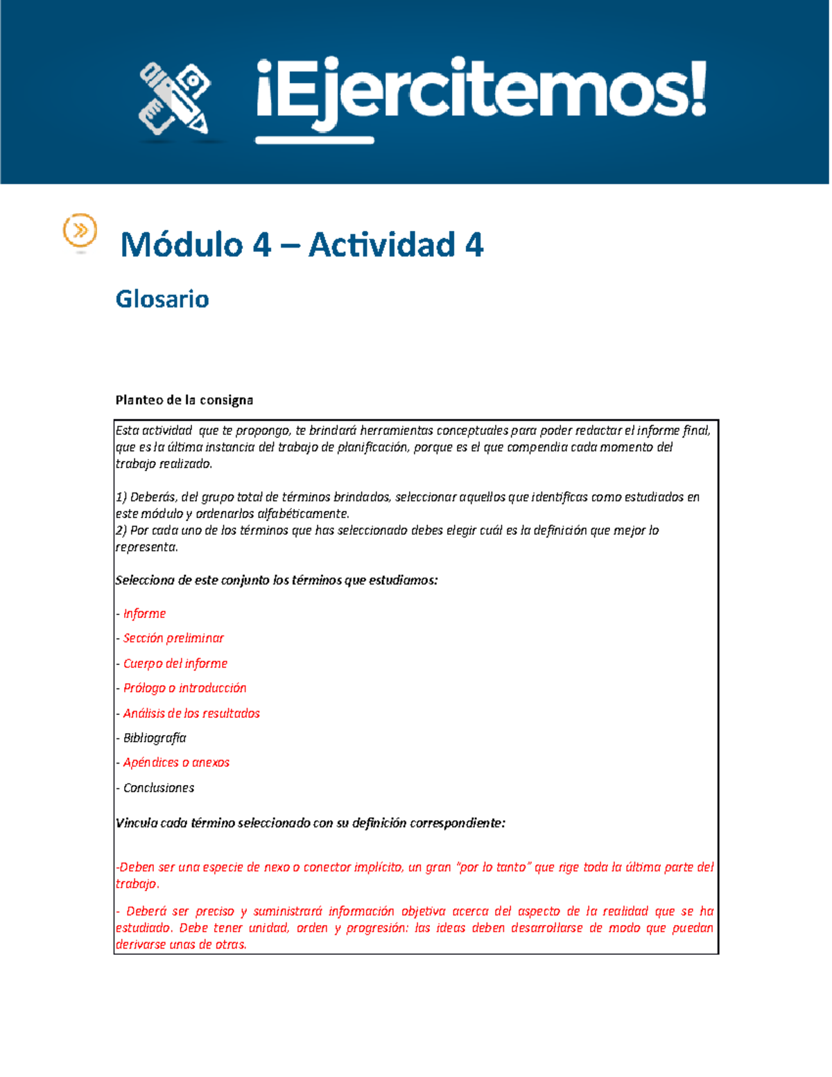 Actividad 4 M4 Modelo - Módulo 4 – Actividad 4 Glosario Planteo De La ...