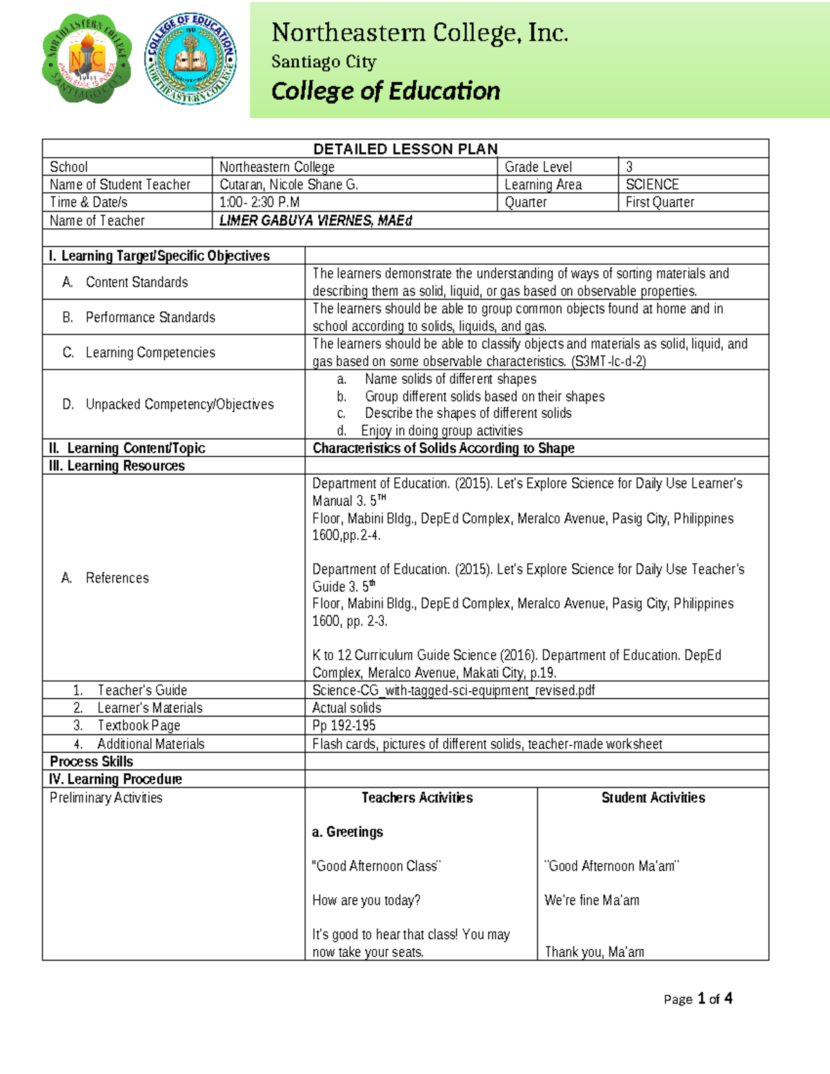 Dlp science, chemistry 3 - Santiago City College of Education DETAILED ...