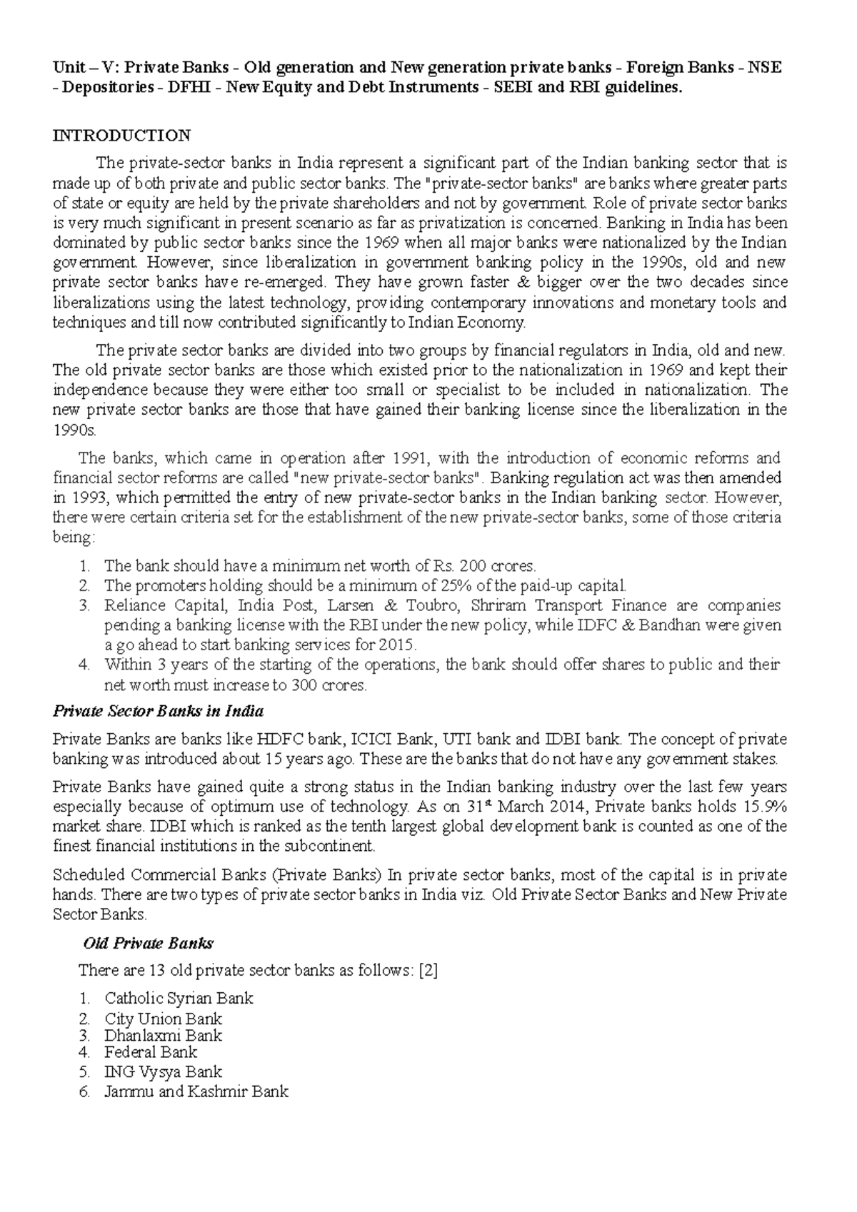 Private Banks - Mba - Unit – V: Private Banks - Old generation and New ...