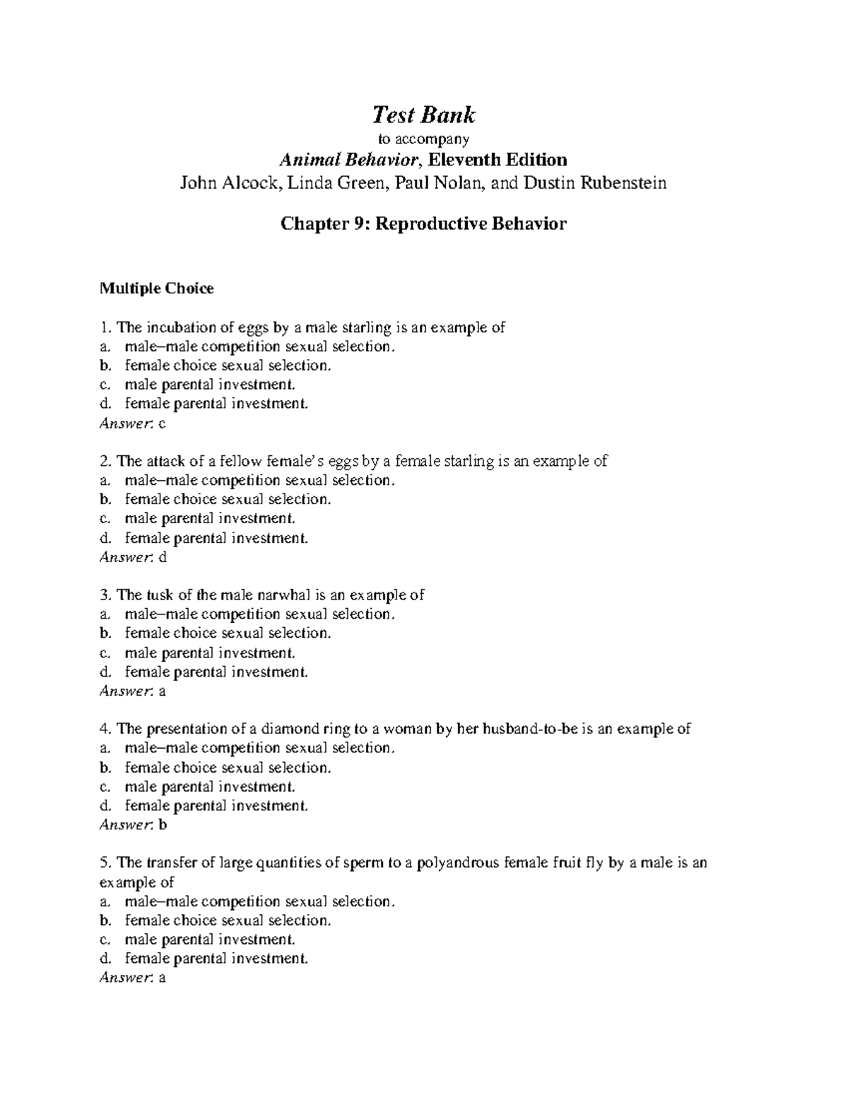 AB11e Ch09 Test Bank (with answers) - Test Bank to accompany Animal Behavior , Eleventh Edition John - Studocu AB11e Ch09 Test Bank (with answers) - Test Bank to accompany Animal Behavior , Eleventh Edition John - Studocu