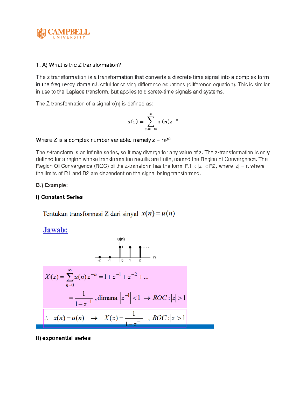 Doc8 - electrical engineering - A) What is the Z transformation? The z ...