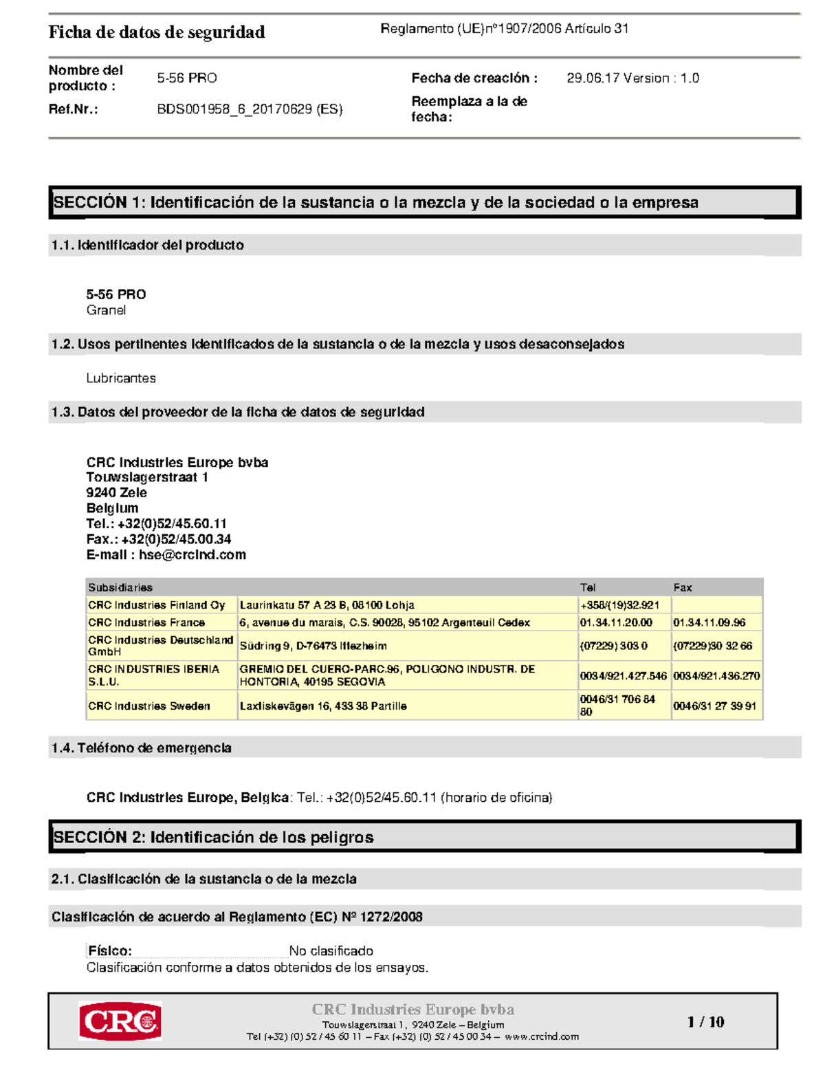Hoja de seguridad CRC 556 Nombre del producto 556 PRO Fecha de