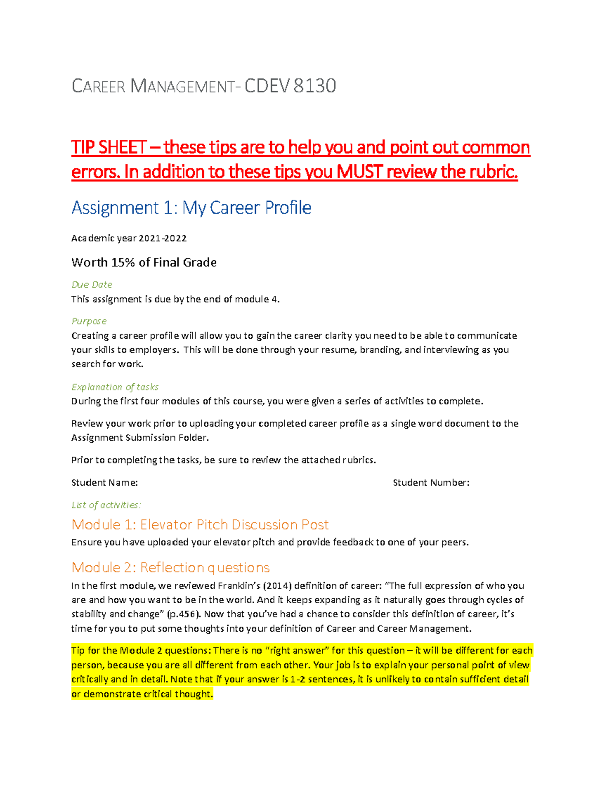 Assignment 1 sample for career mgt - CAREER MANAGEMENT- CDEV 81 30 TIP ...