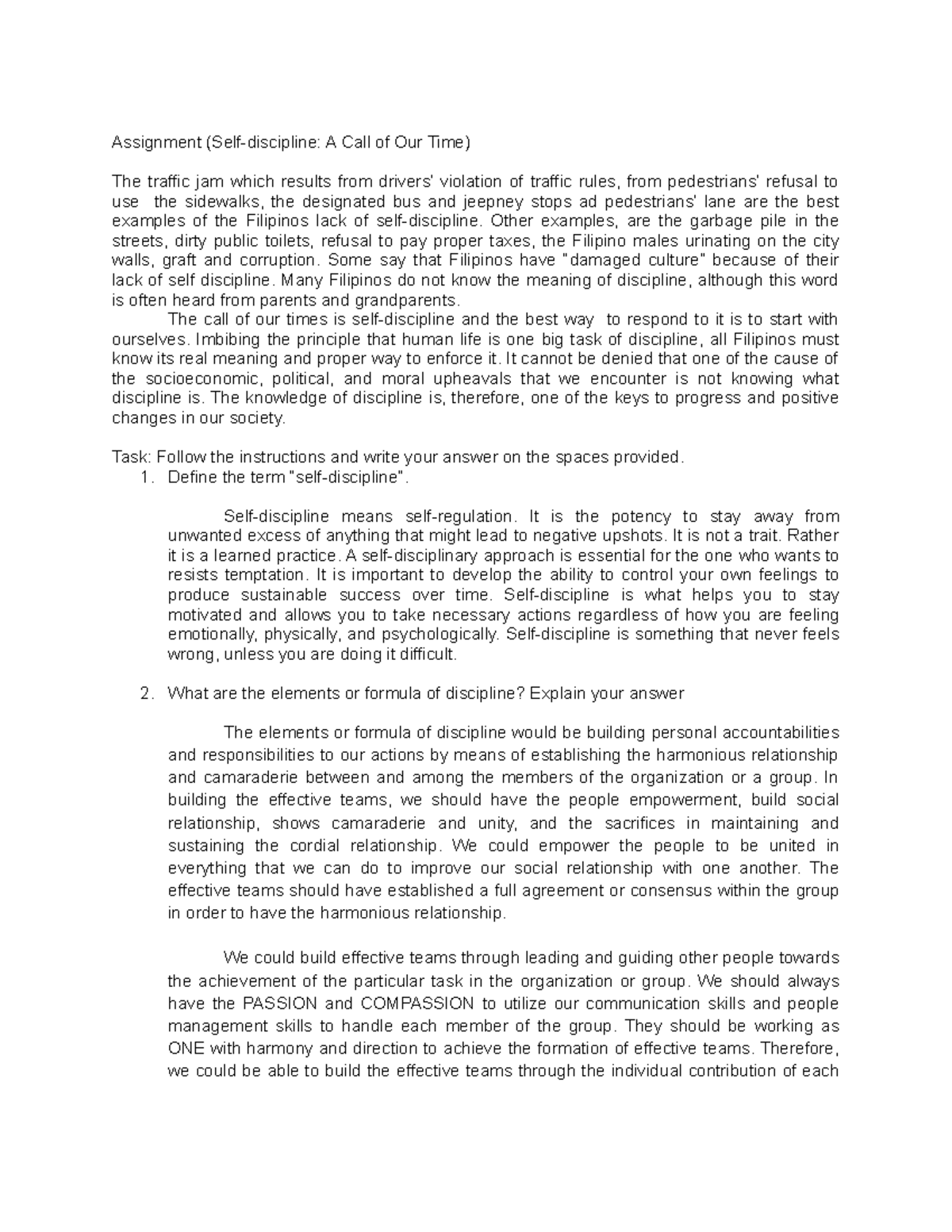 Summer final act. no. 1 self descipline - Assignment (Self-discipline ...