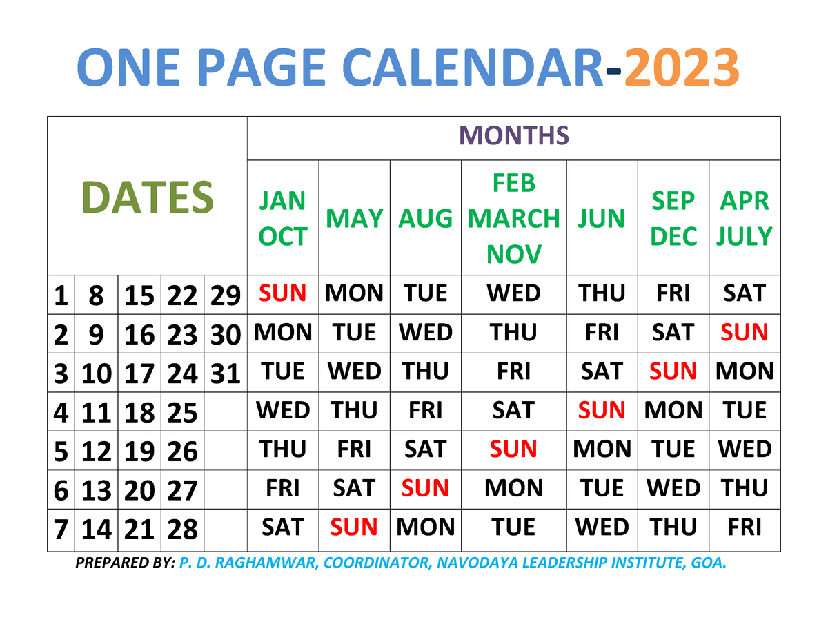 One Page Calendar 2023 ONE PAGE CALENDAR 2023 PREPARED BY P. D
