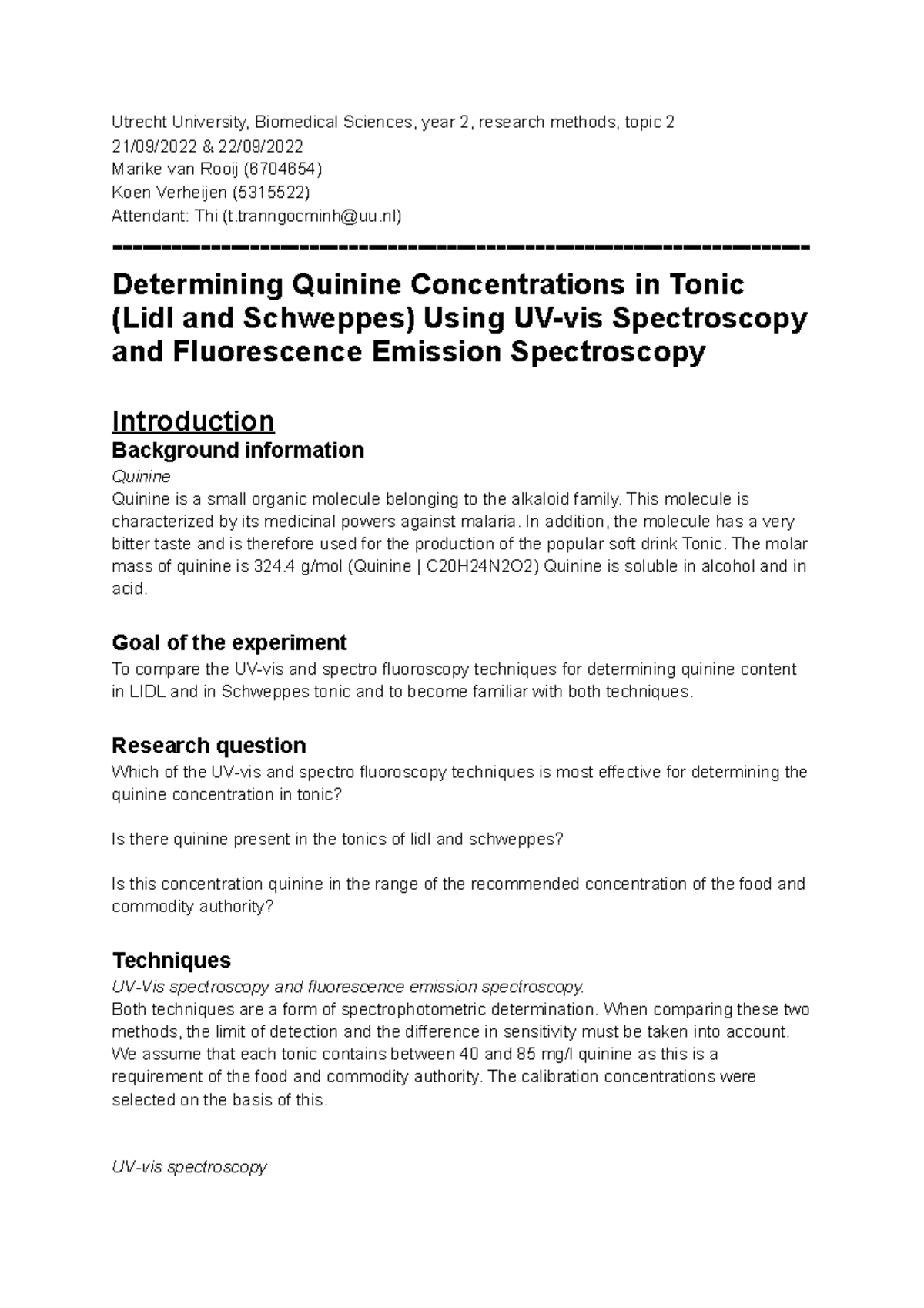 Protocol kinine practicum - Utrecht University, Biomedical Sciences ...