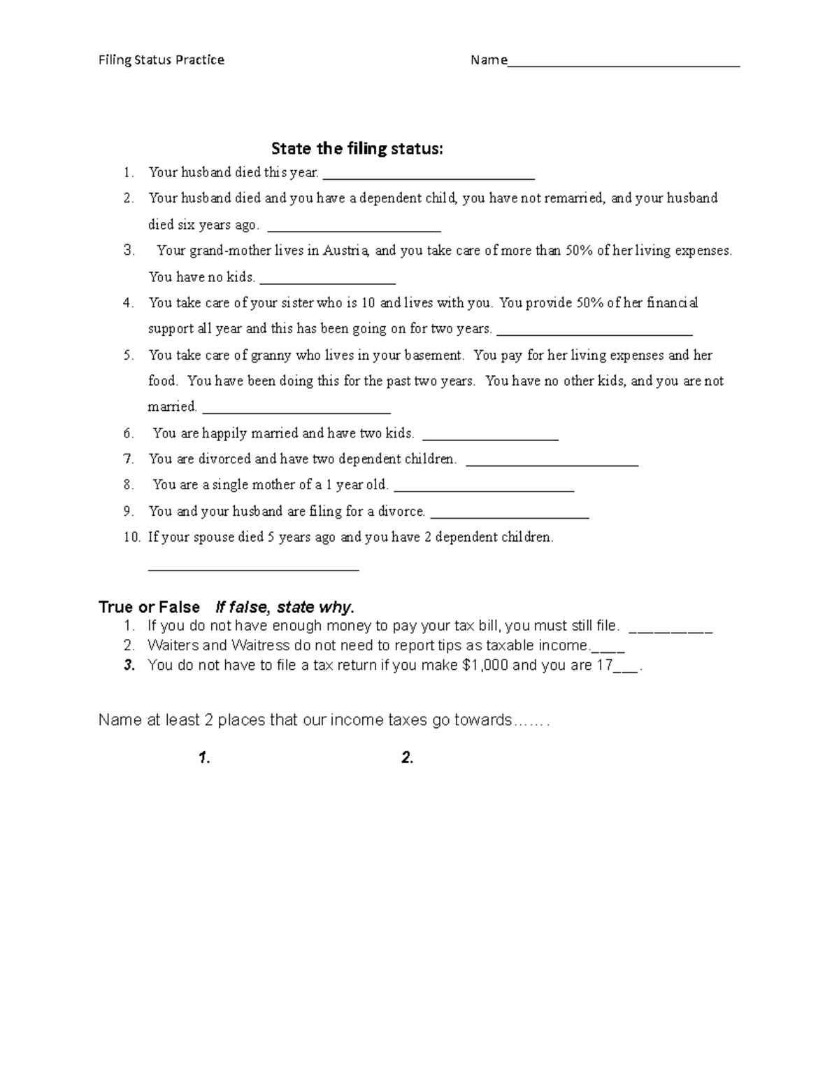 Filing Status Questions Practice Filing Status Practice Name