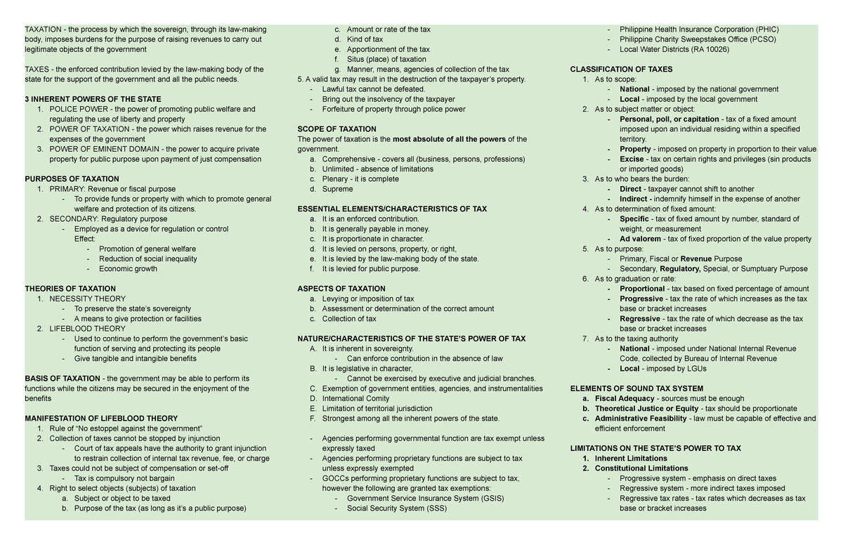 Income Taxation Reviewer - TAXATION - The Process By Which The ...