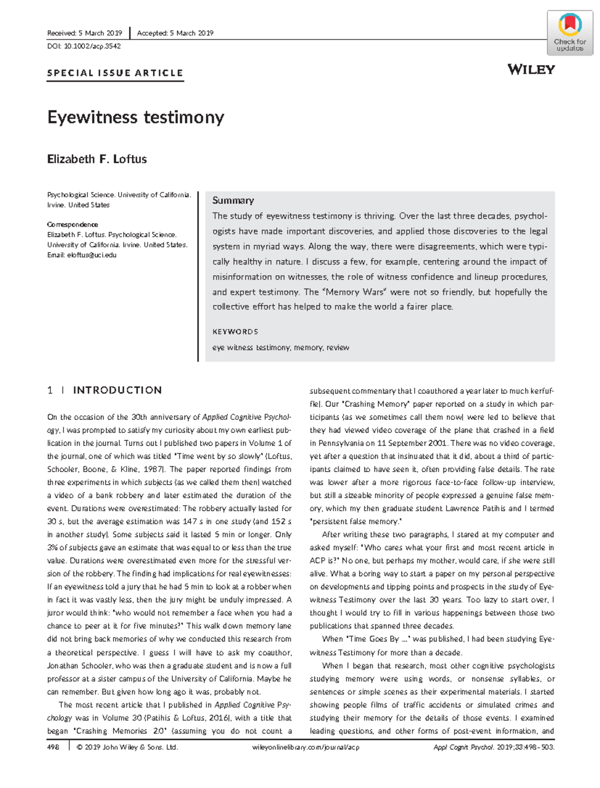 Loftus 2019 S P E C I A L I S S U E A R T I C L E Eyewitness