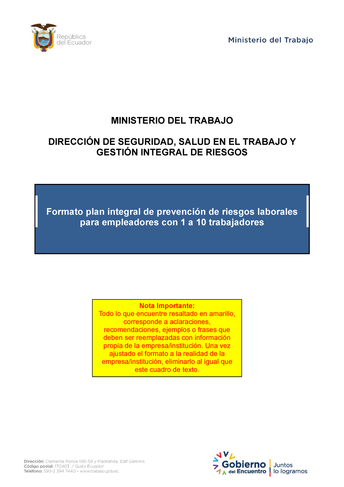 Formato PLAN Integral DE Prevención DE Riesgos Laborales - MINISTERIO DEL  TRABAJO DIRECCIÓN DE - Studocu