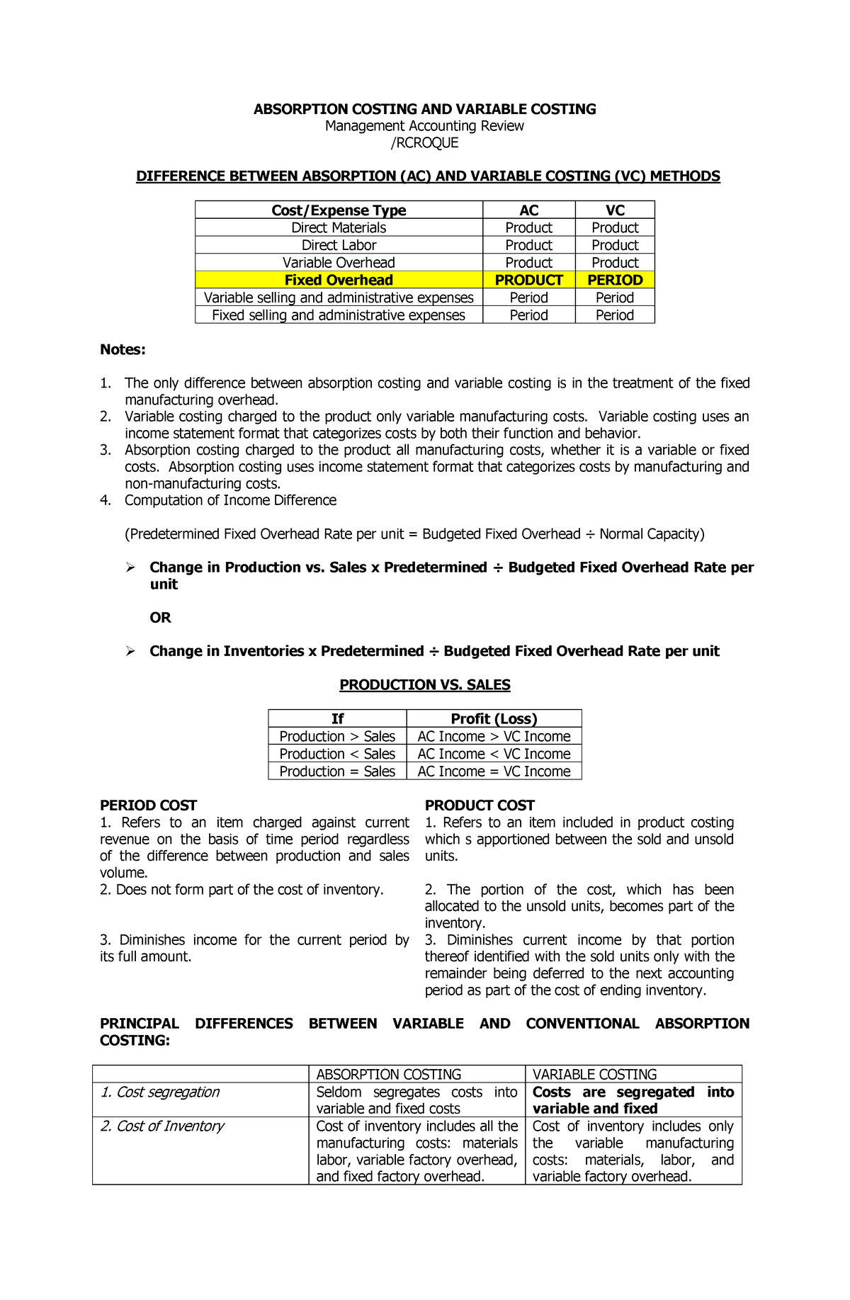 04 Absorption Vs Variable Costing Handout Absorption Costing And Variable Costing Management 4762