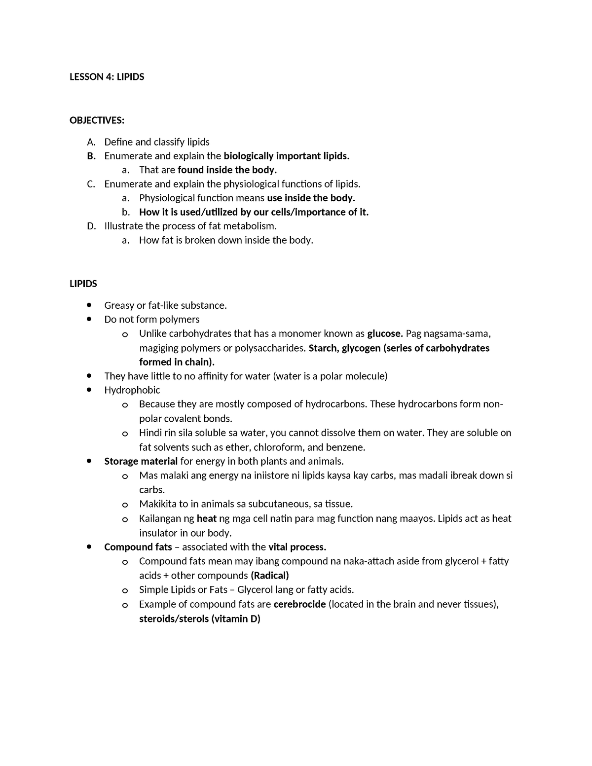 Lesson 4 - Science - LESSON 4: LIPIDS OBJECTIVES: A. Define and ...