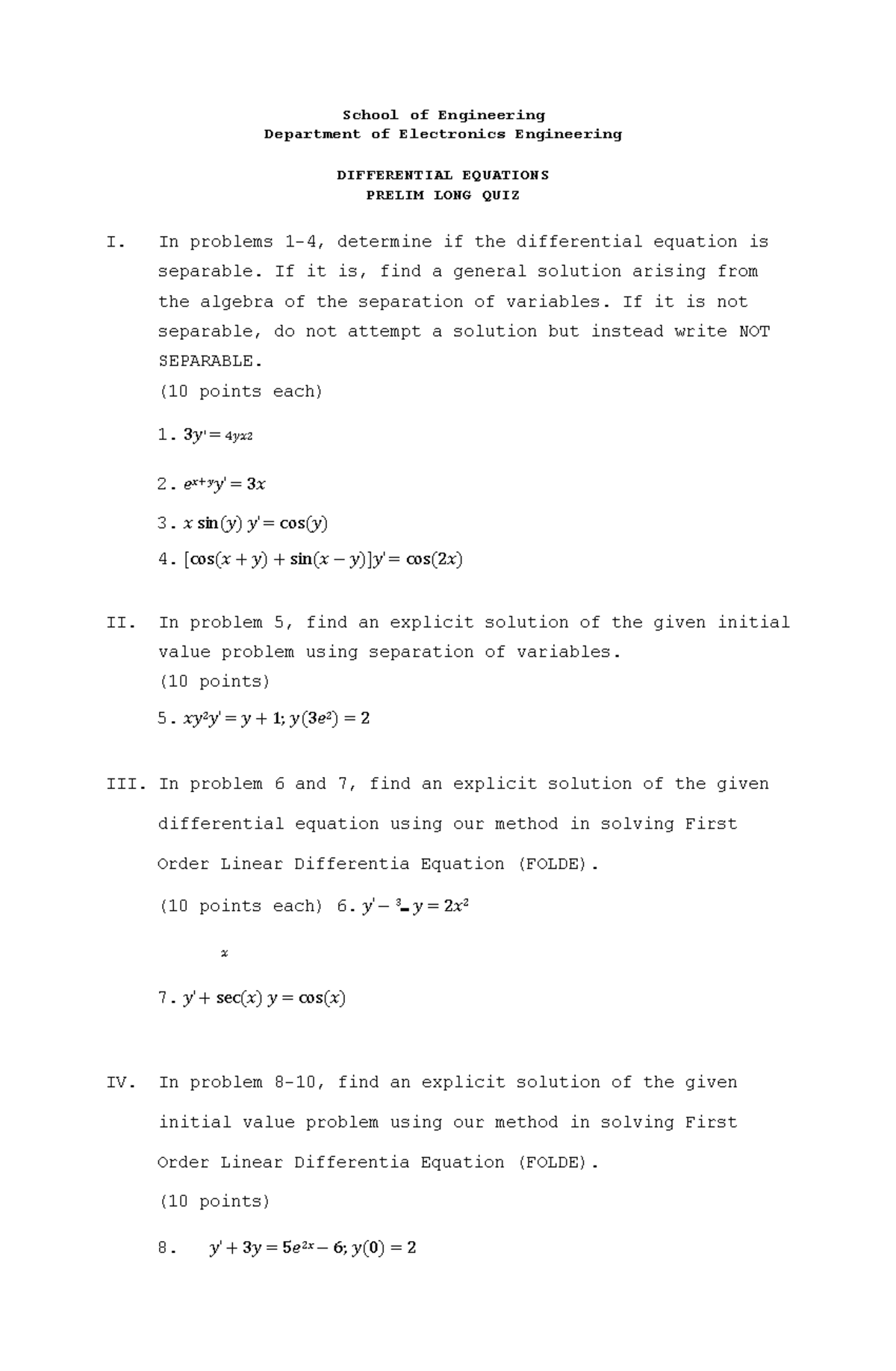 Bsece Prelim LONG QUIZ - School of Engineering Department of ...