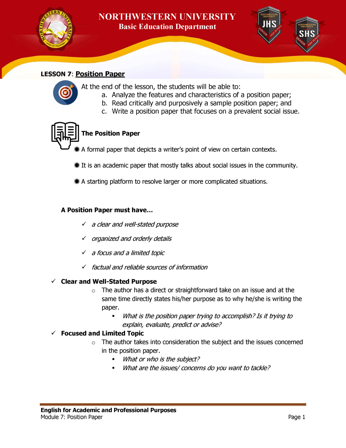 Lesson 7 Position Paper Studocu