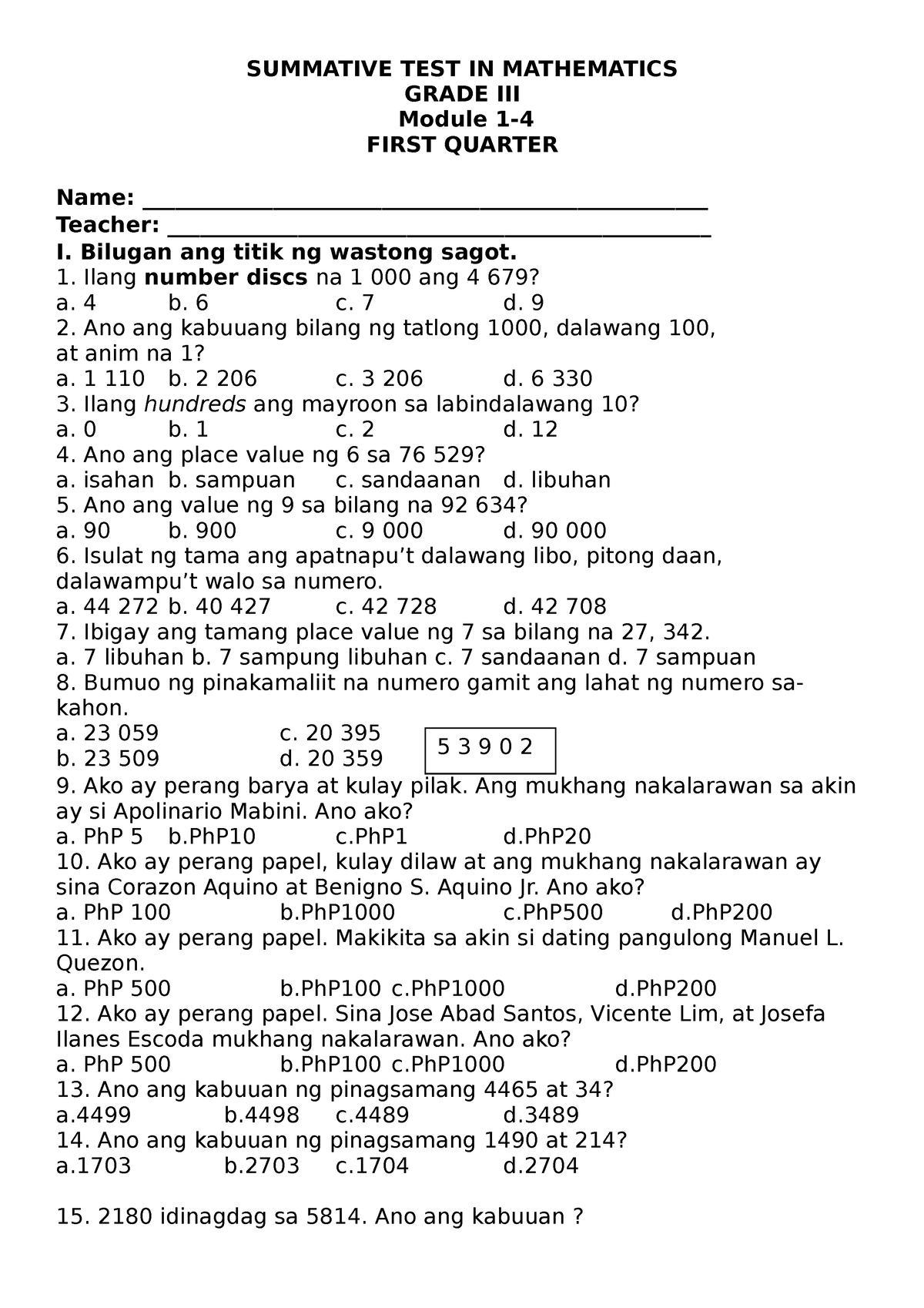 Summative TEST IN Mathematics - SUMMATIVE TEST IN MATHEMATICS GRADE III ...