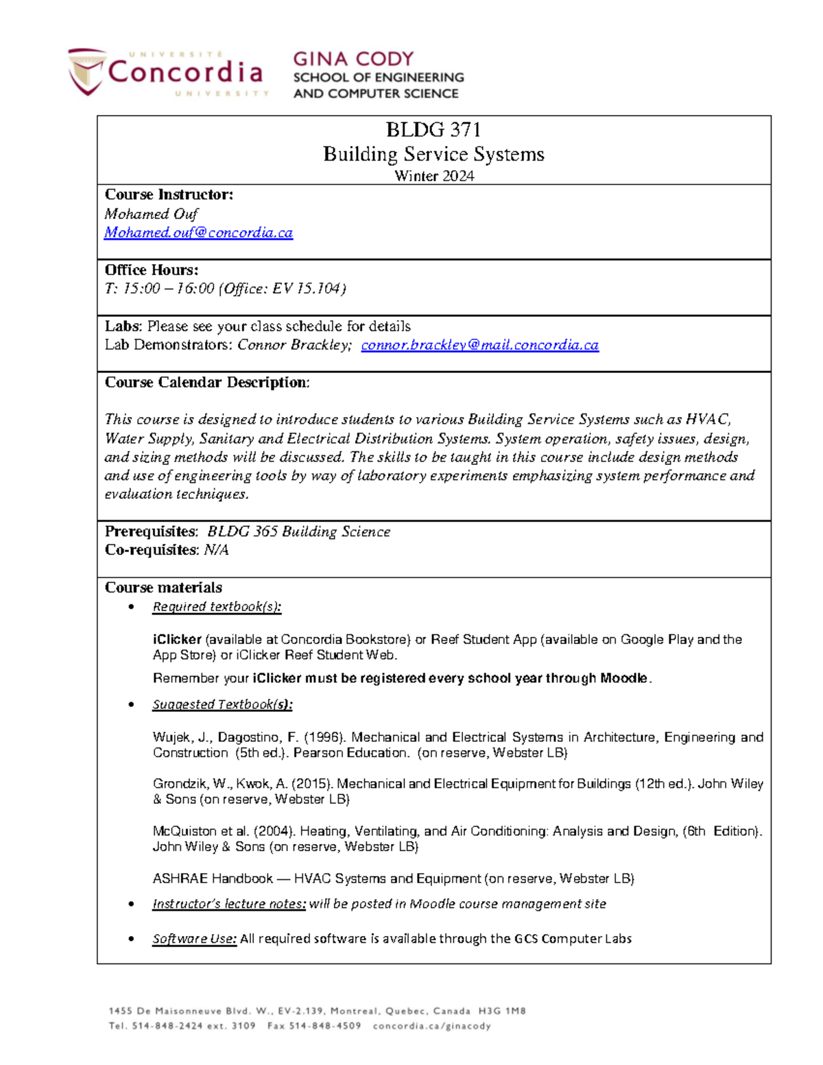 Course Outline BLDG 371 Ouf 2024 - BLDG 371 Building Service Systems ...
