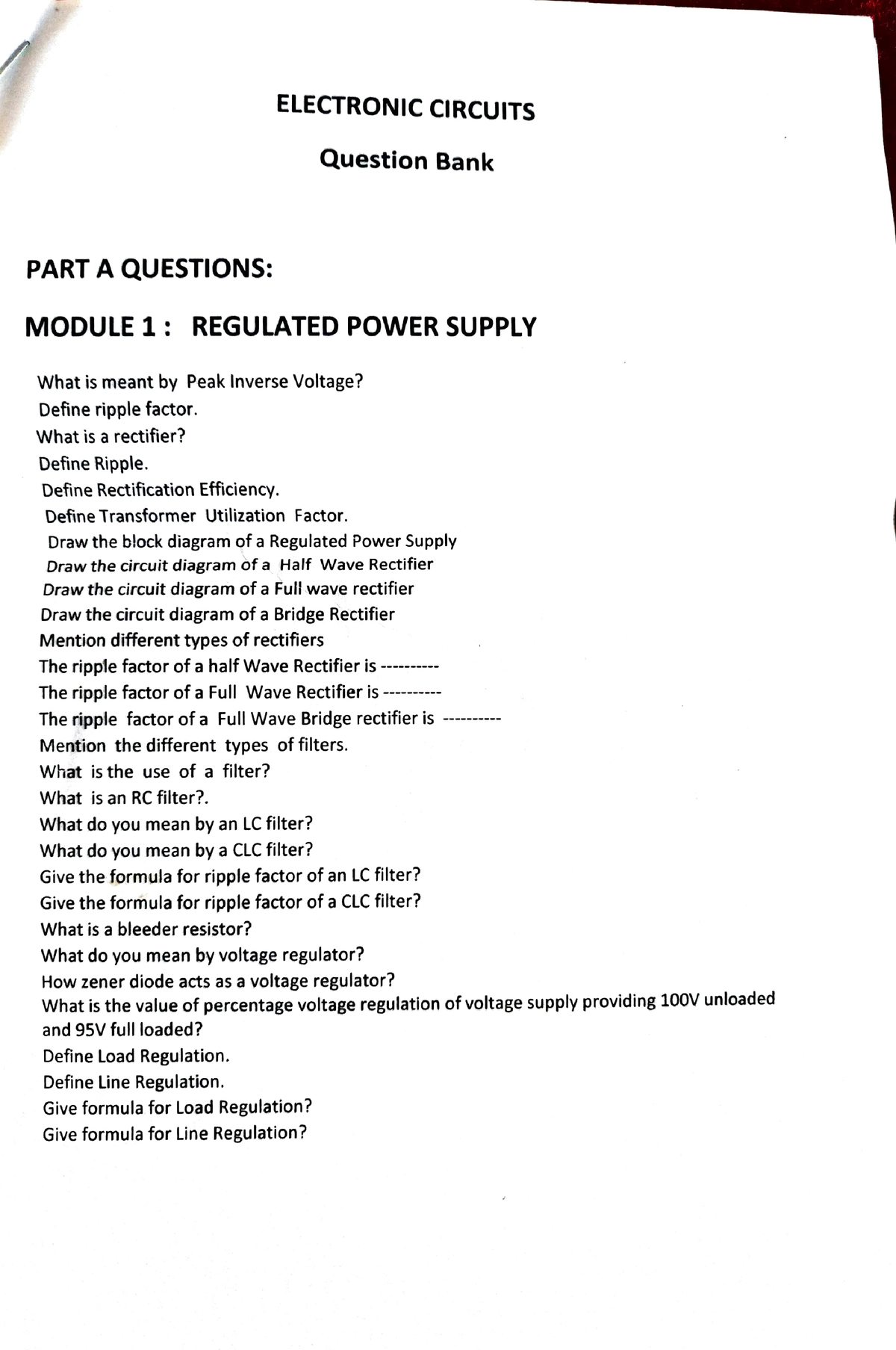 Circuit Question Bank - ELECTRONIC CIRCUITS Question Bank ####### PART ...