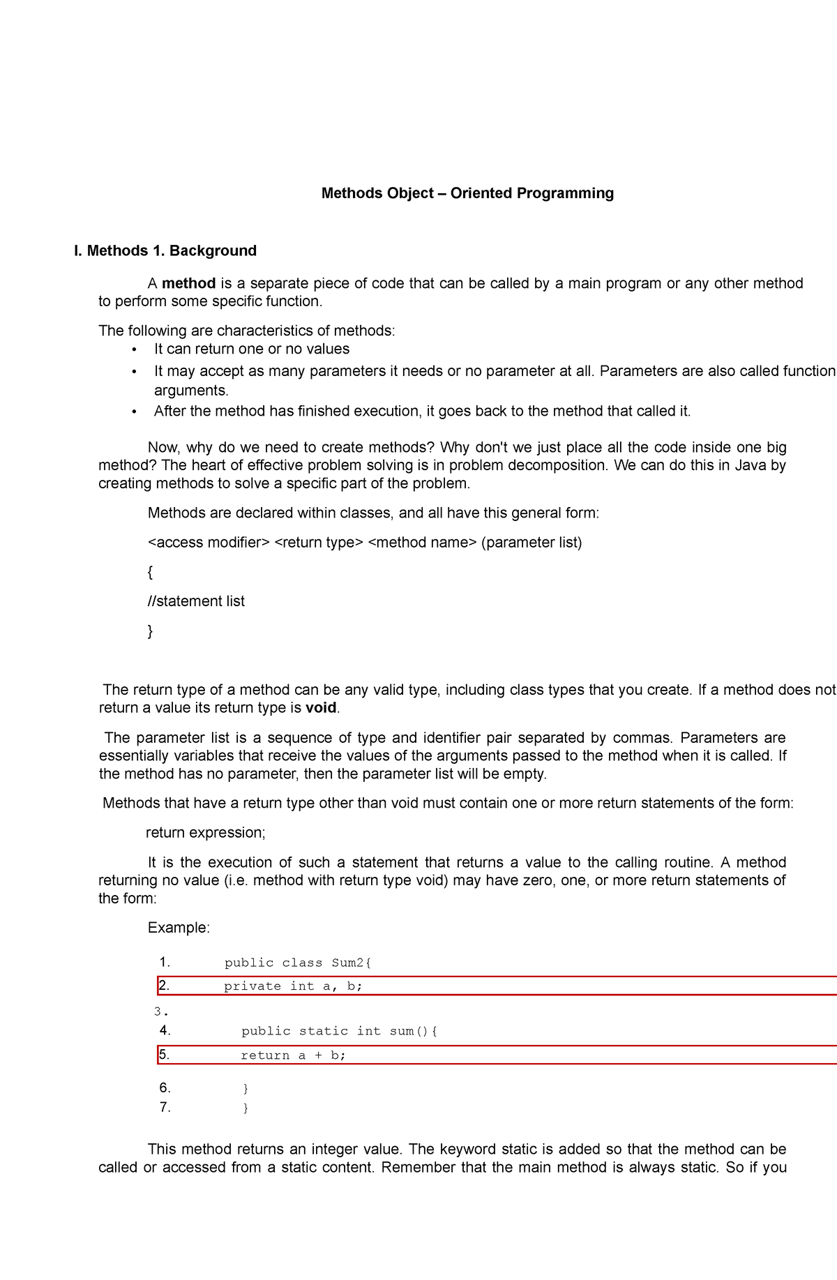 Methods Object Oriented Programming Methods Object Oriented Programming I Methods 1 3005