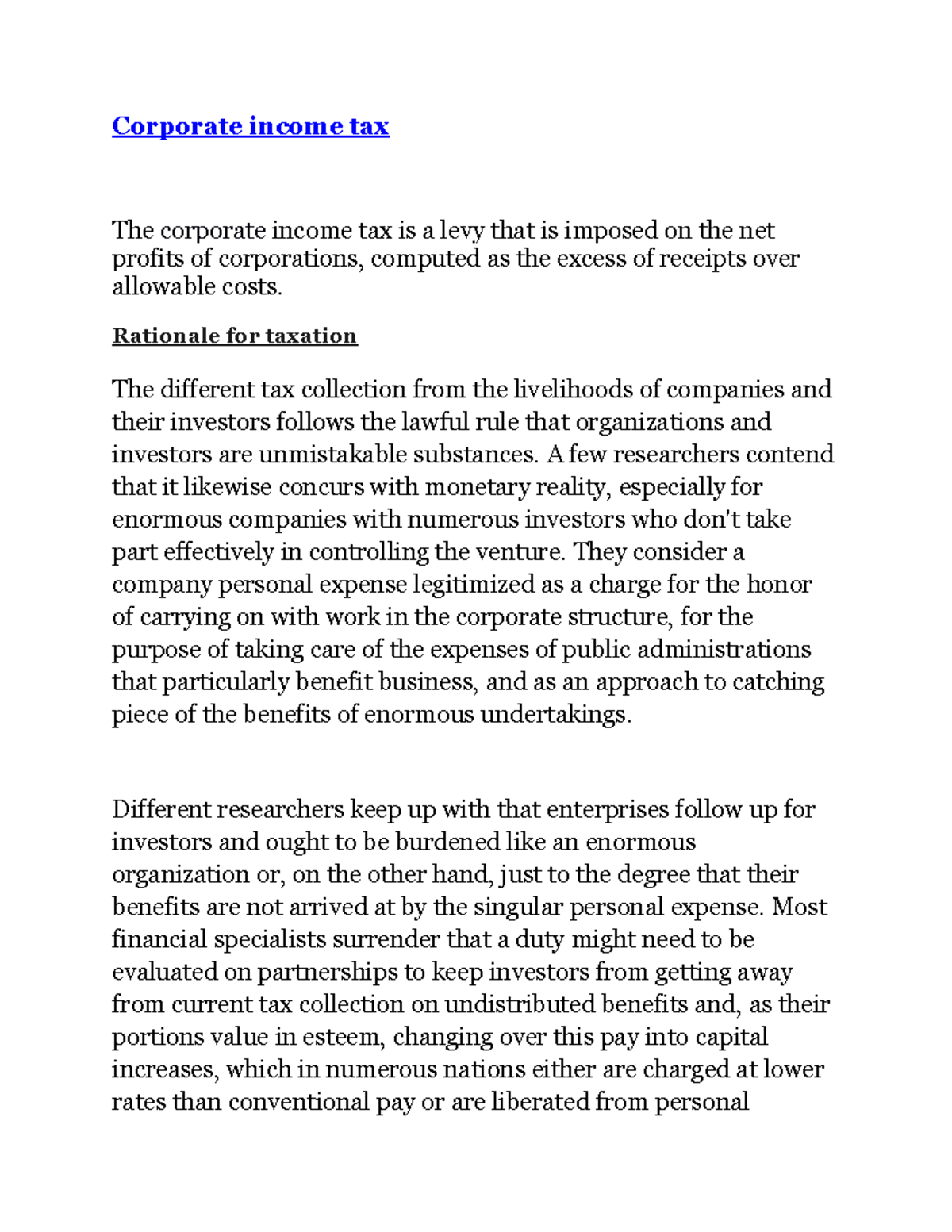 Corporate tax Rationale for taxation The different tax