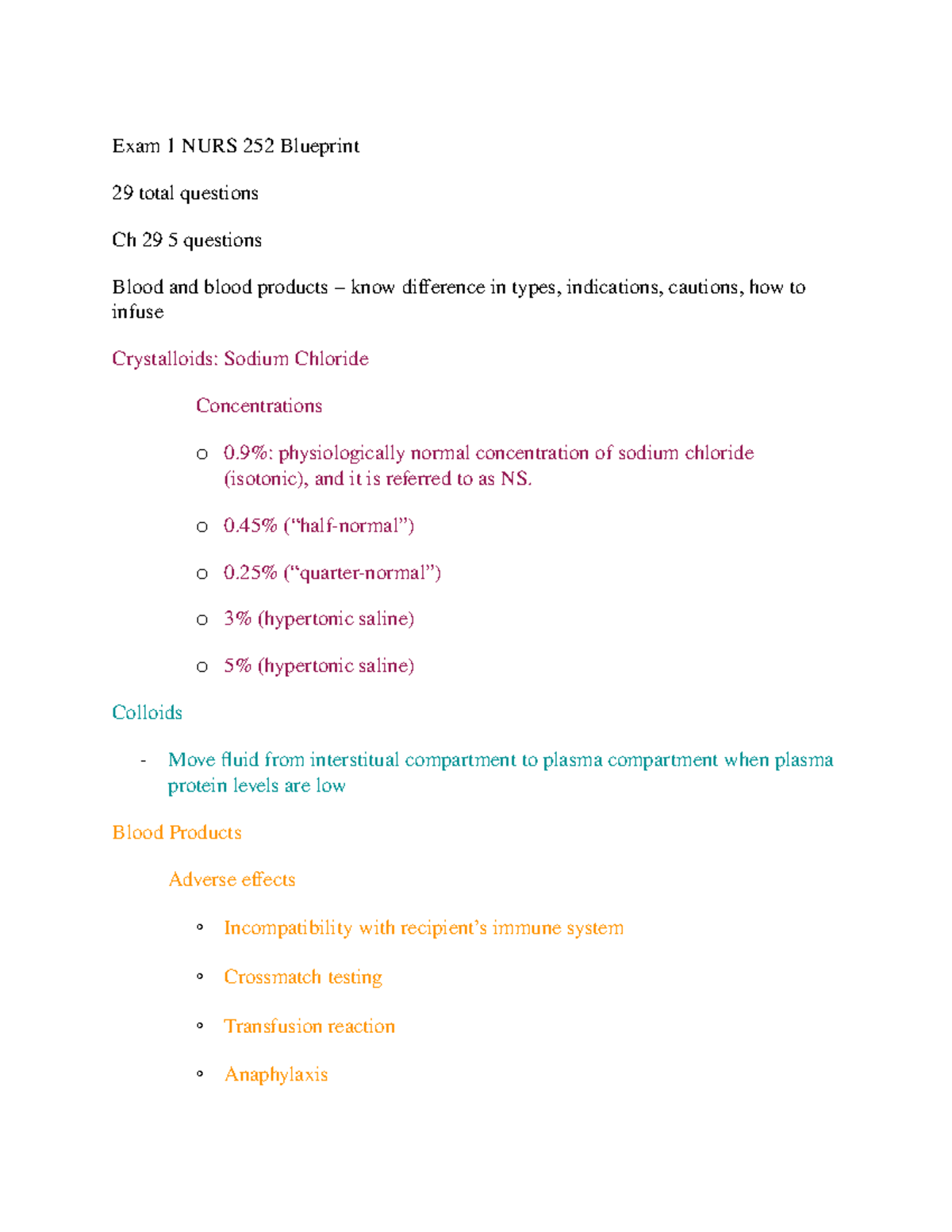 Pharm 2 exam 1 study guide nursing - Exam 1 NURS 252 Blueprint 29 total ...