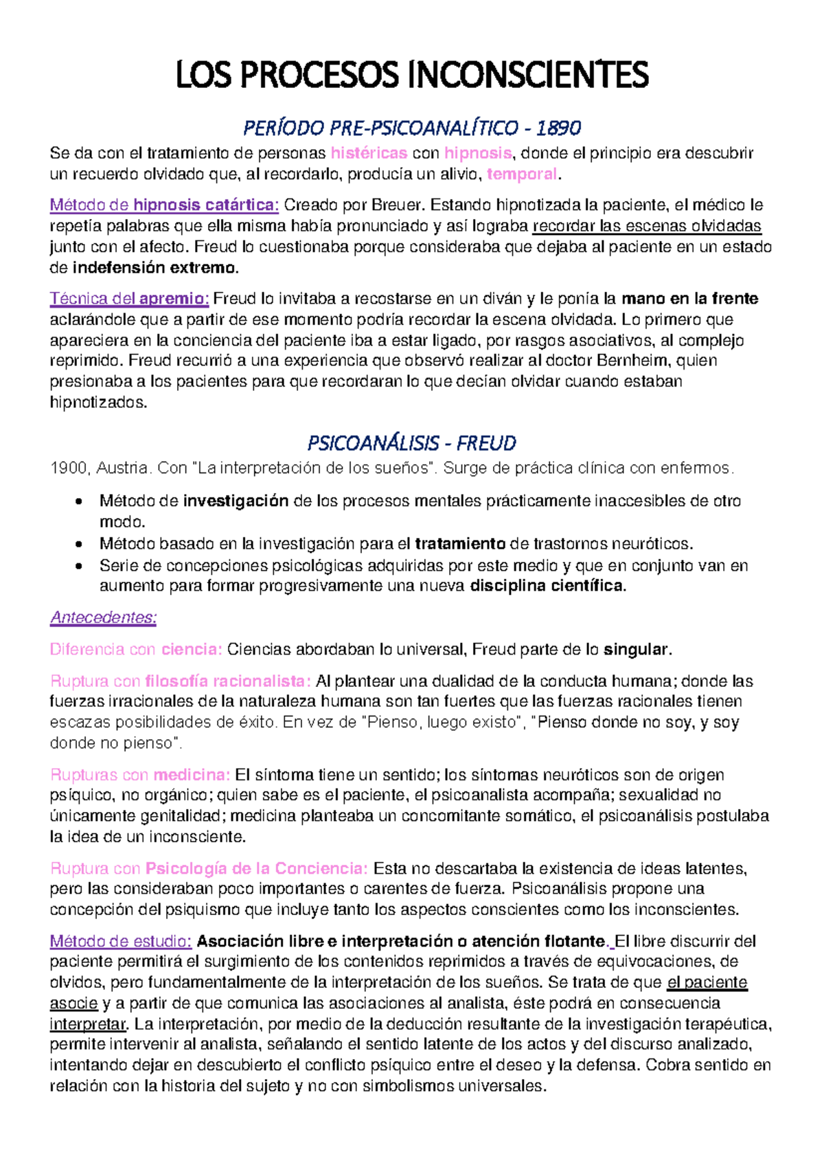 Freud psicoanálisis U 4 - LOS PROCESOS INCONSCIENTES PERÍODO PRE ...