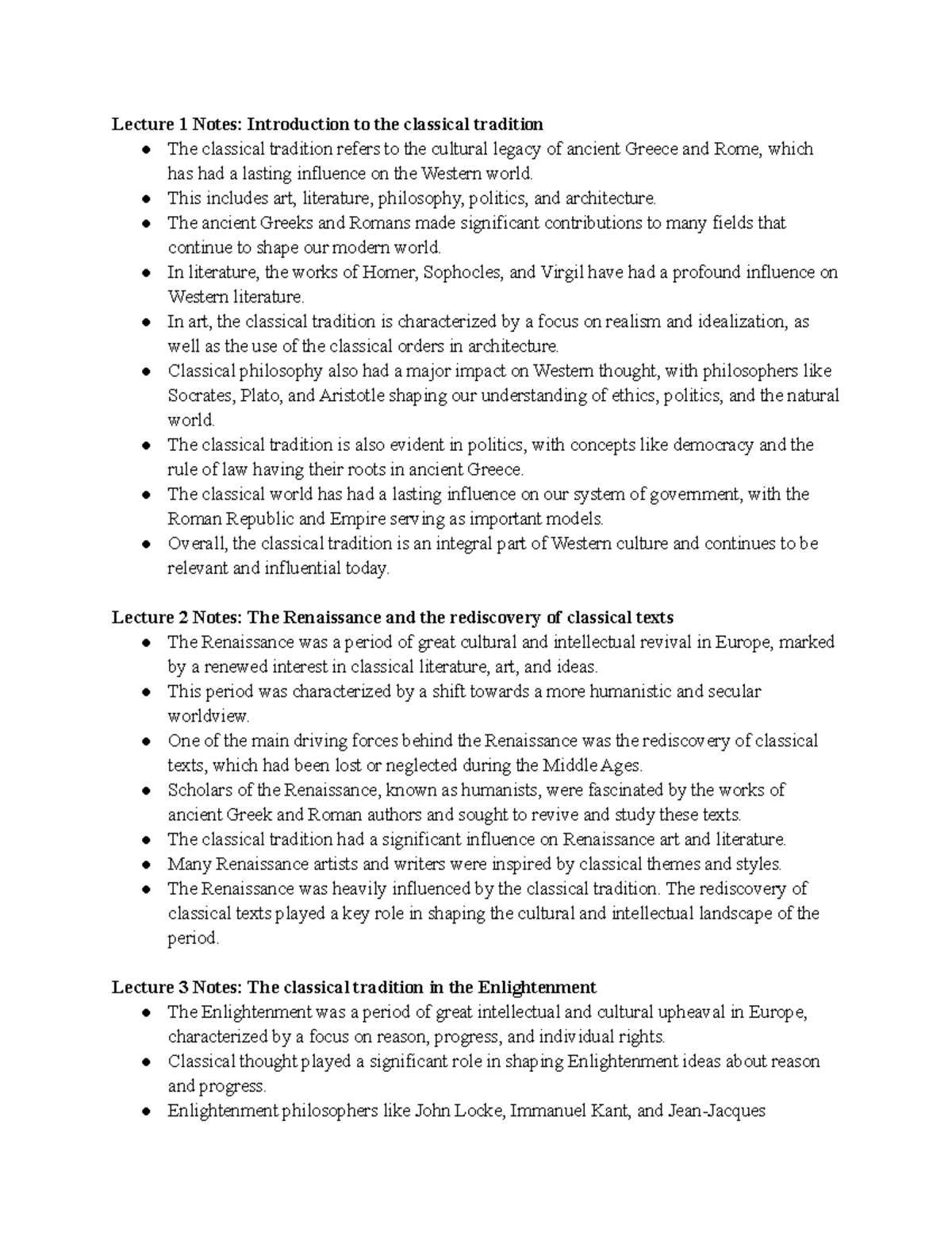CLA 114 The Classical Tradition Lecutre notes - Lecture 1 Notes ...