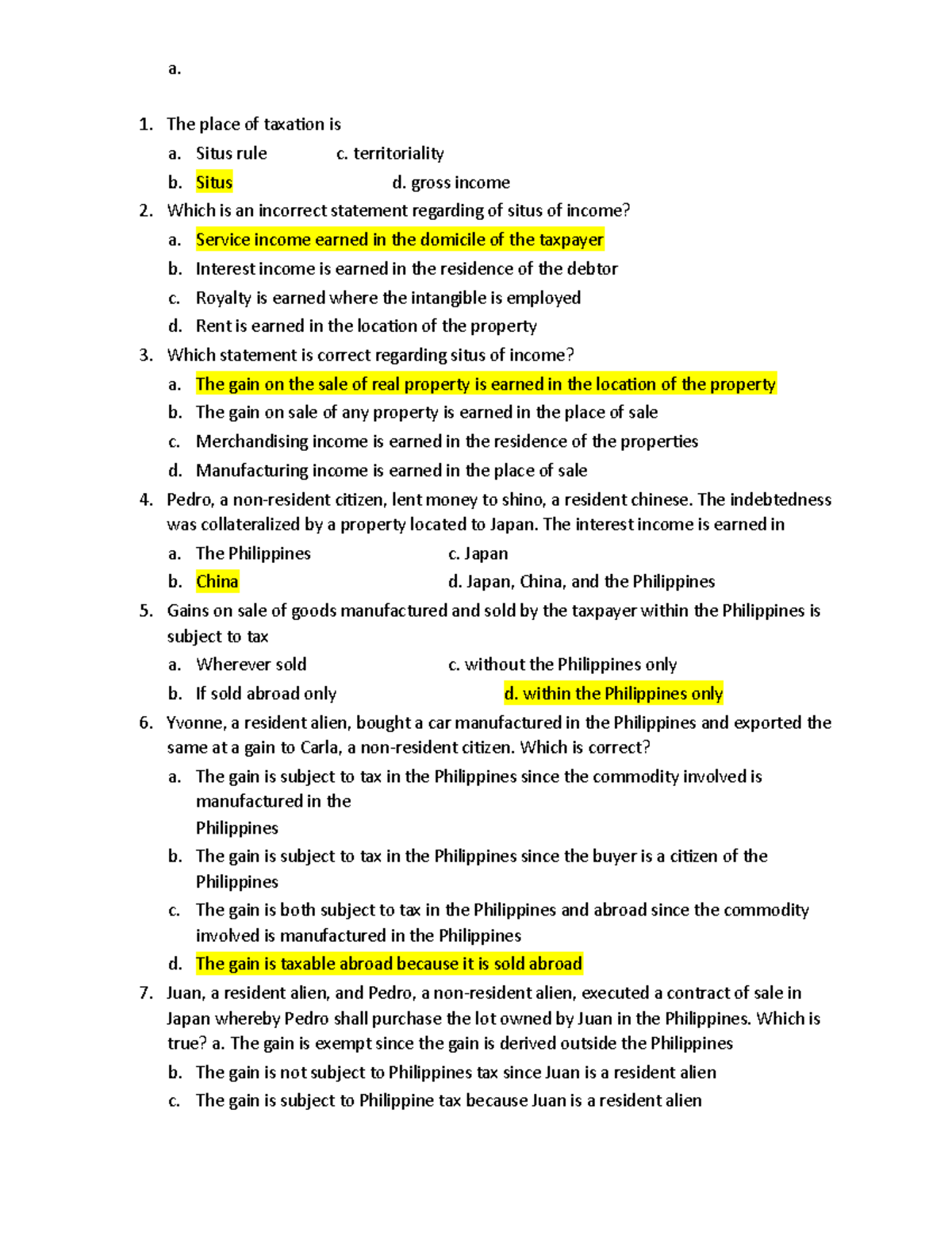 Income Taxation PART 5 - The place of taxation is a. Situs rule c ...