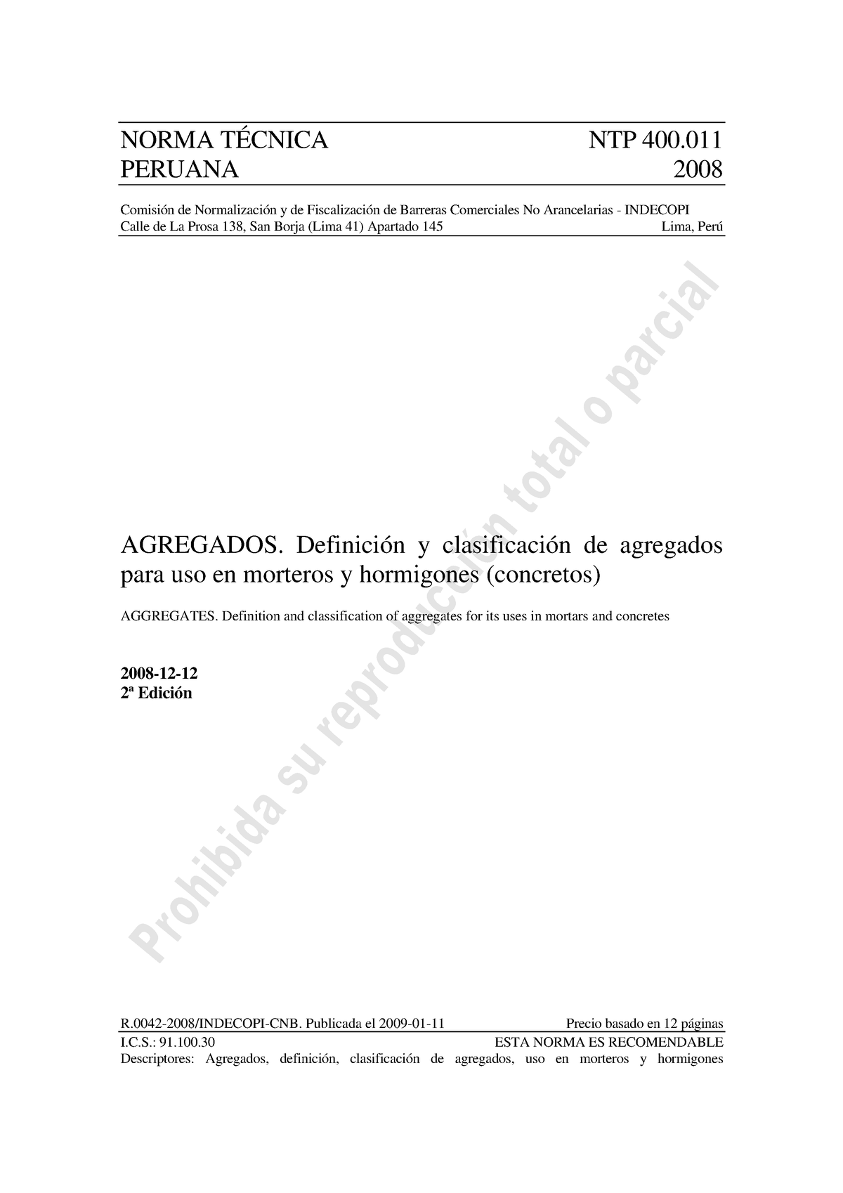 Sem6 NTP 400.011 - Agregados - Í NORMA TÉCNICA NTP 400. PERUANA 2008 ...