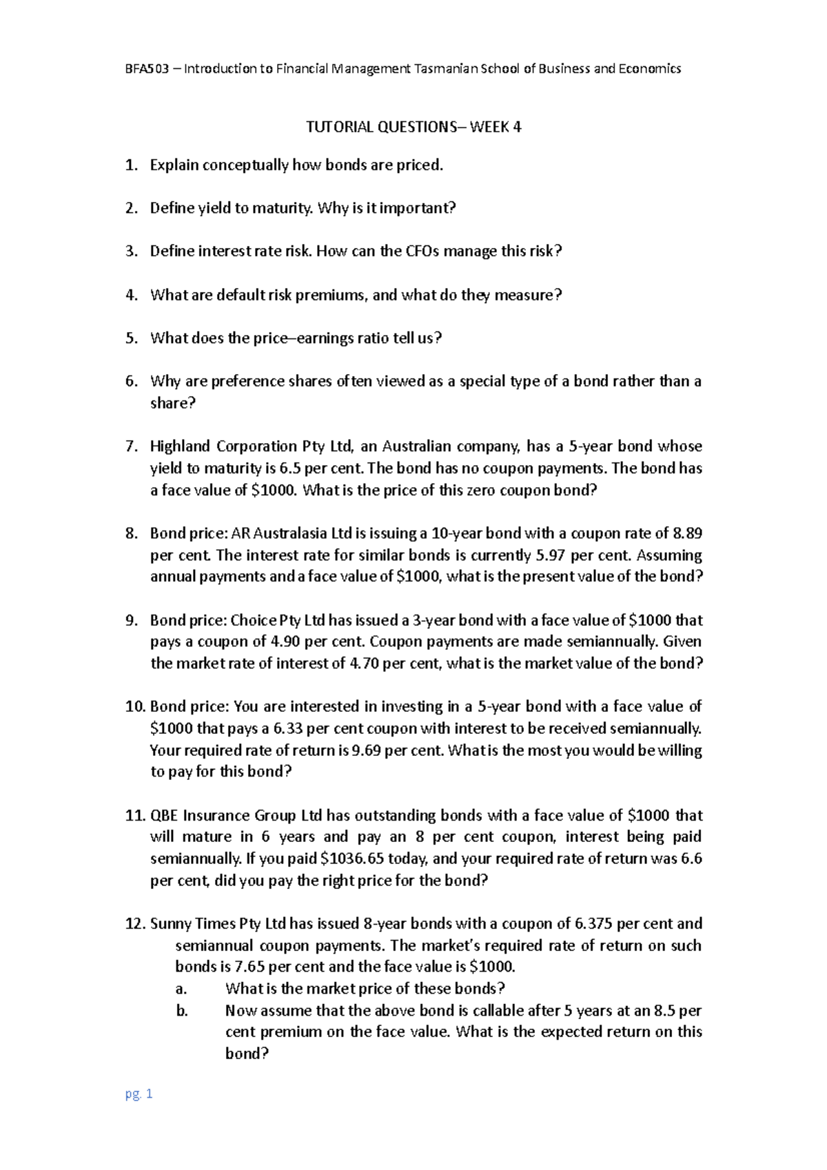 Tutorial Questions WEEK 4 - BFA503 – Introduction to Financial ...
