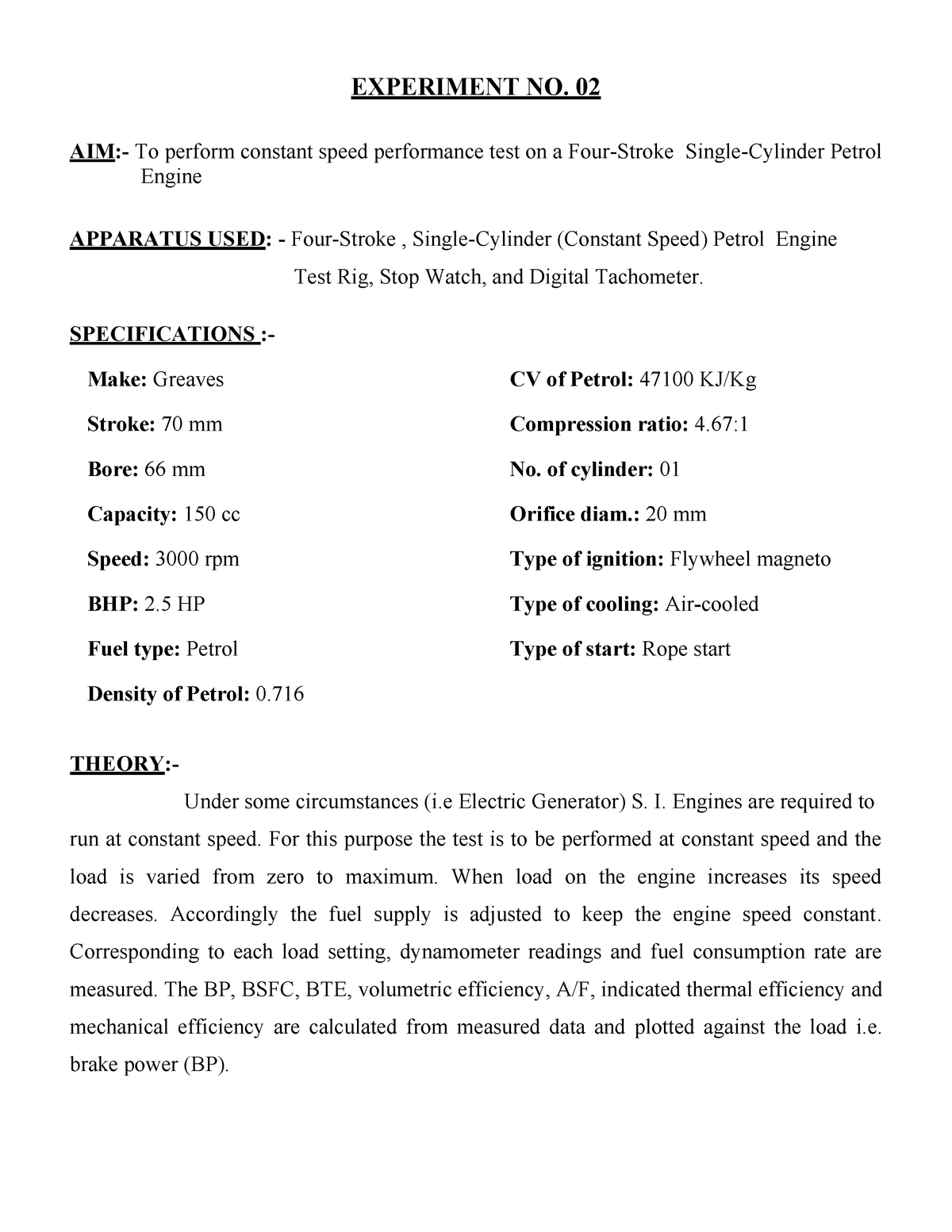 Exp 2 Constant Speed Performance Test On A Four Stroke Single 