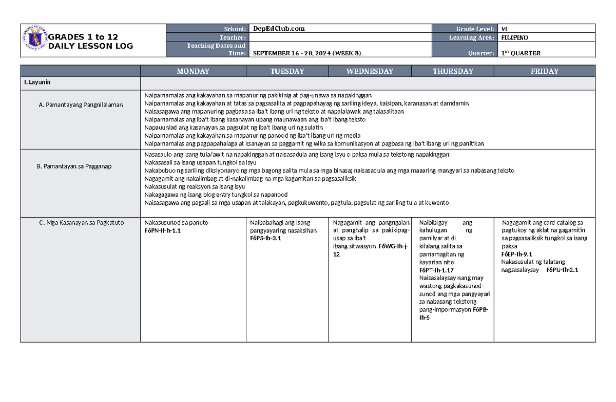 DLL Filipino 6 Q1 W8 - saasa - GRADES 1 to 12 DAILY LESSON LOG School ...