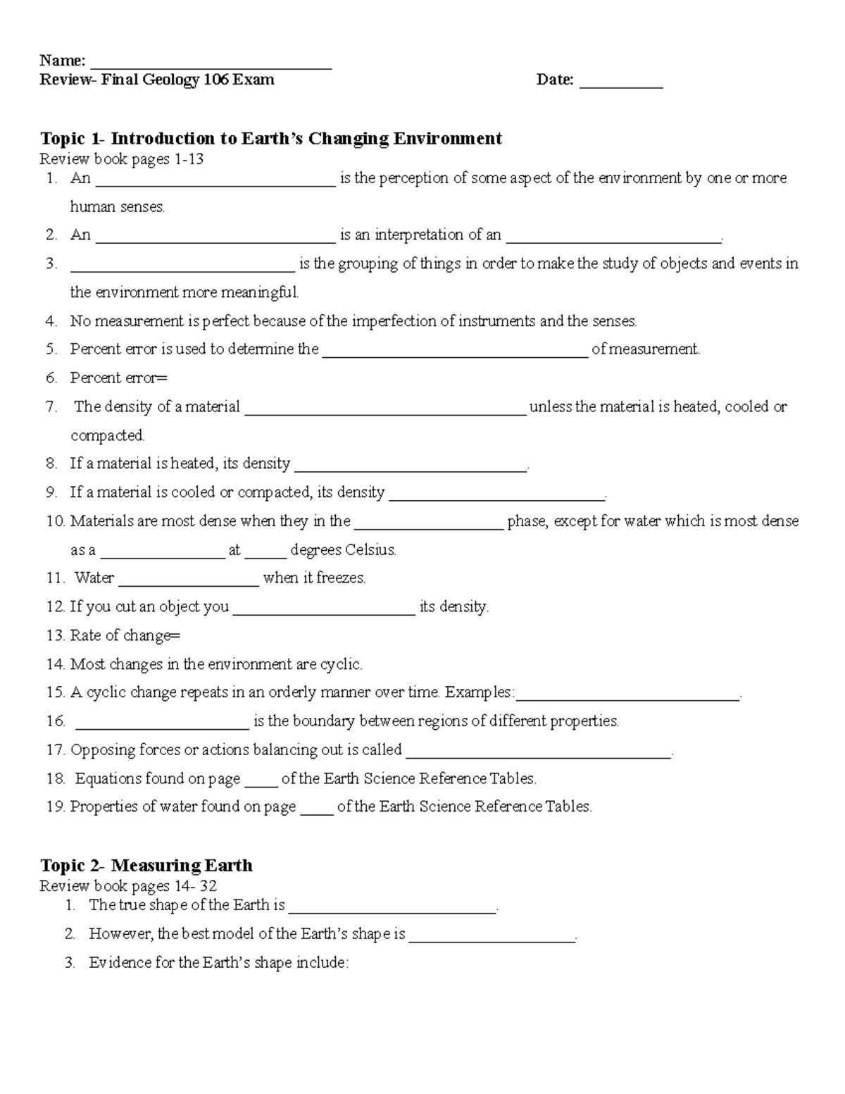 Final Geology Review - Name: _____________________________ Review ...