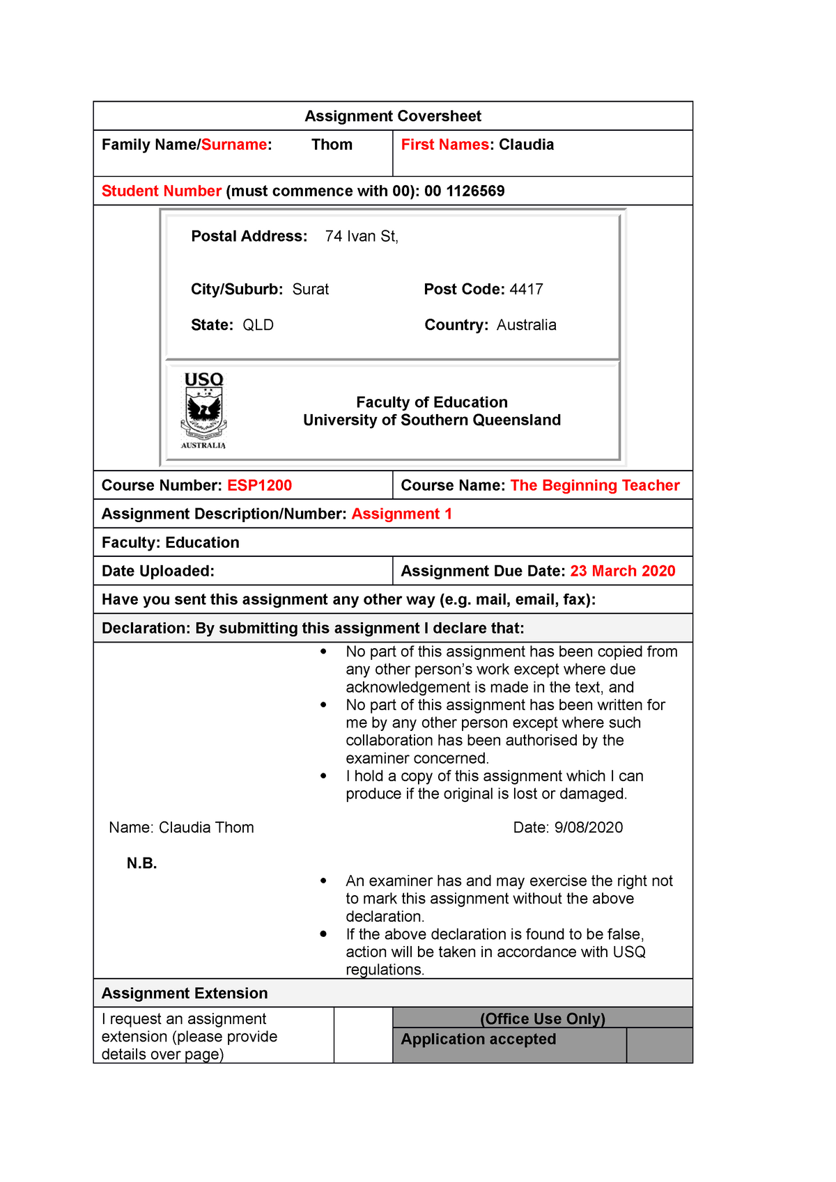 ESP 1200 A1 -Claudia Thom - Assignment Coversheet Family Name/Surname ...