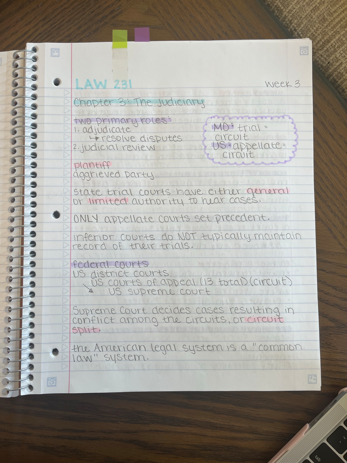 Chapter 3 Notes P1 - LAW 231 week 3 Chapter 3: The Judiciary two ...