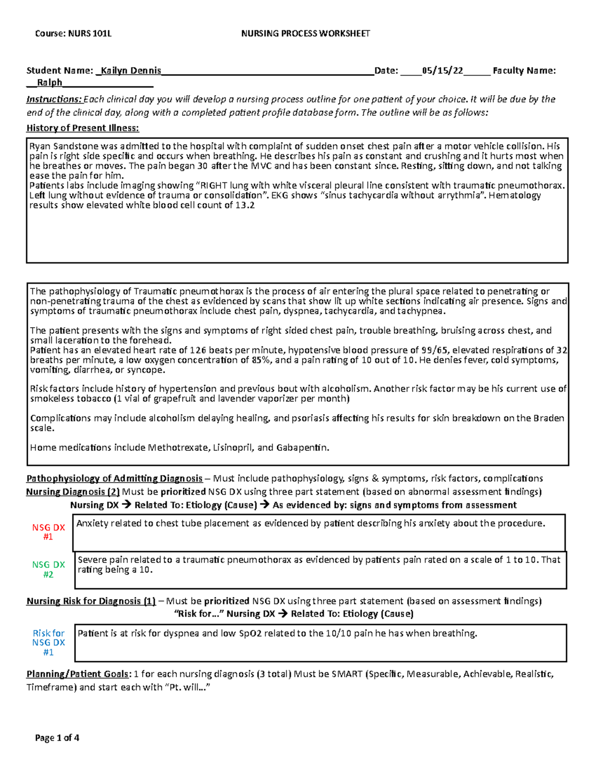 Dennis- Nursing Process Flowsheet 2 - Student Name: Kailyn - Studocu