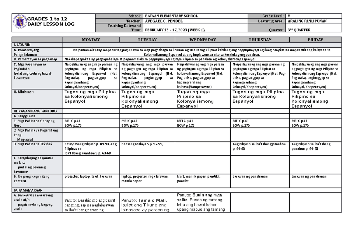 DLL Araling Panlipunan 5 Q3 W1 - GRADES 1 to 12 DAILY LESSON LOG School ...