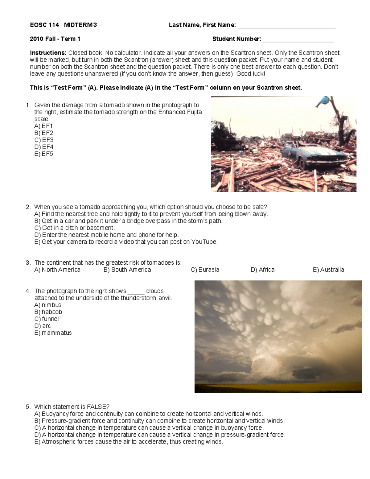 Sample/practice exam 2010 - EOSC 114 MIDTERM 3 Last Name, First Name