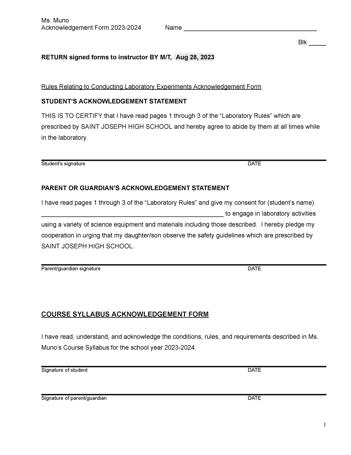 Acknowledgement Form 2023 Ms. Muno Acknowledgement Form 20232024