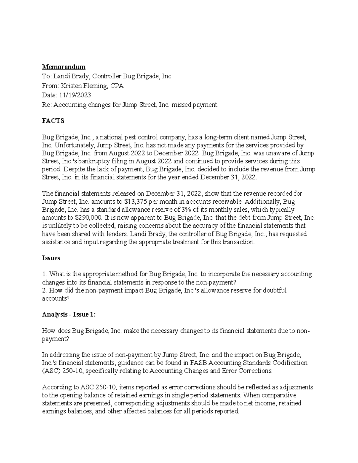 Accounting Research Case 2 Memorandum To Landi Brady, Controller Bug