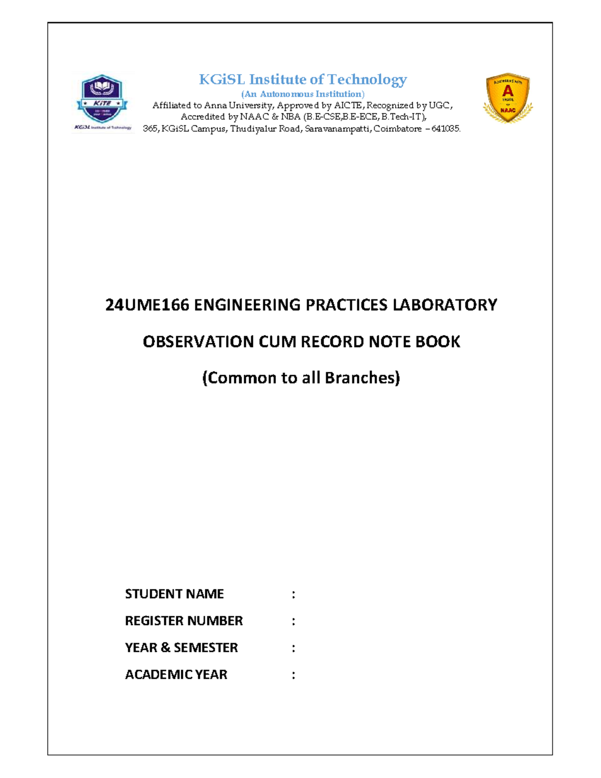 24UME166 EP LAB Record - Lab manual - KGiSL Institute of Technology (An ...