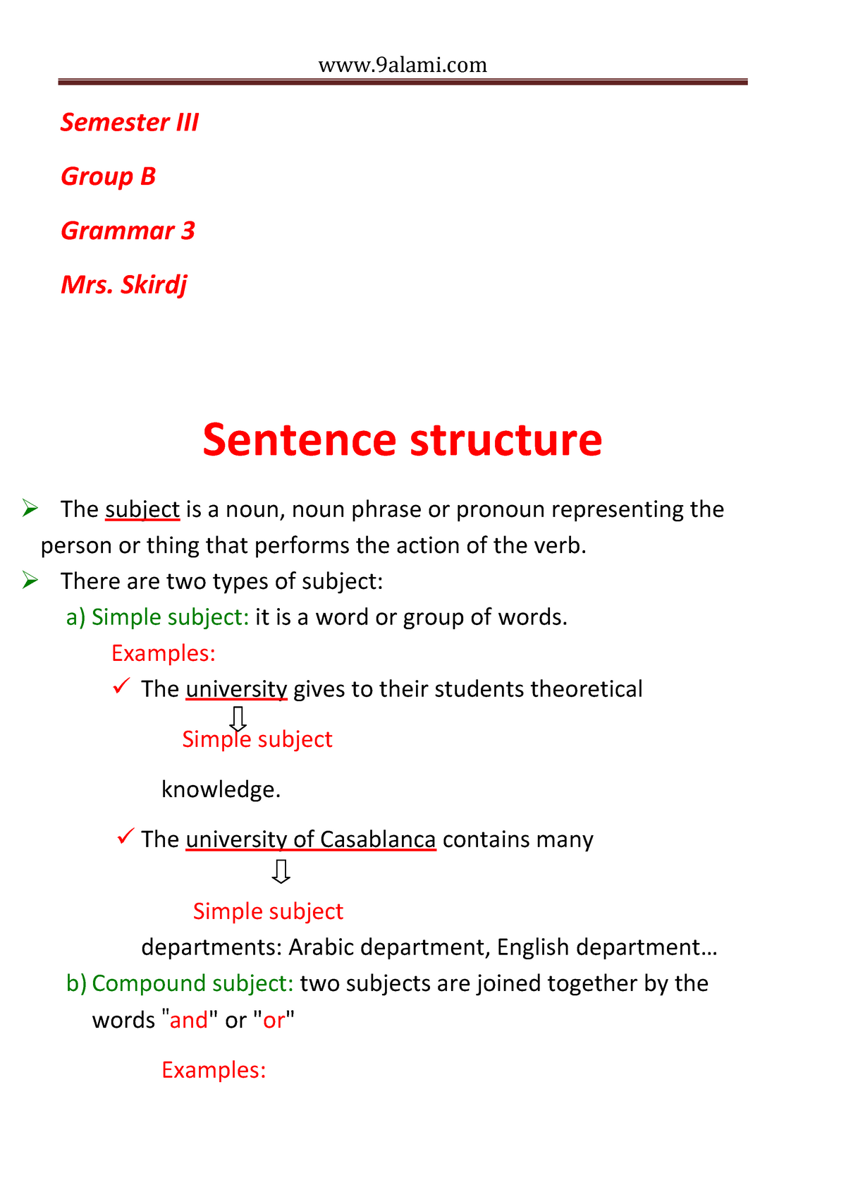 Grammar III Sentence Structure - Semester III Group B Grammar 3 Mrs ...