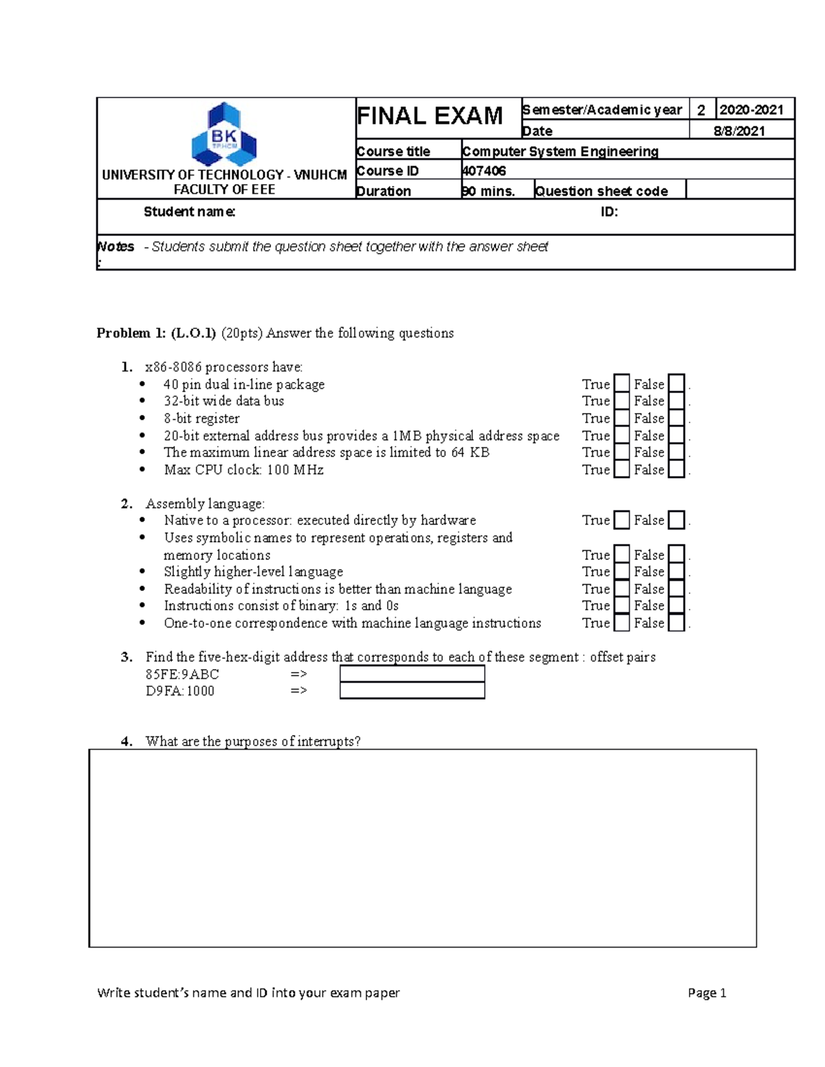 ECE391 Final 8-8-2021 - UNIVERSITY OF TECHNOLOGY - VNUHCM FACULTY OF ...