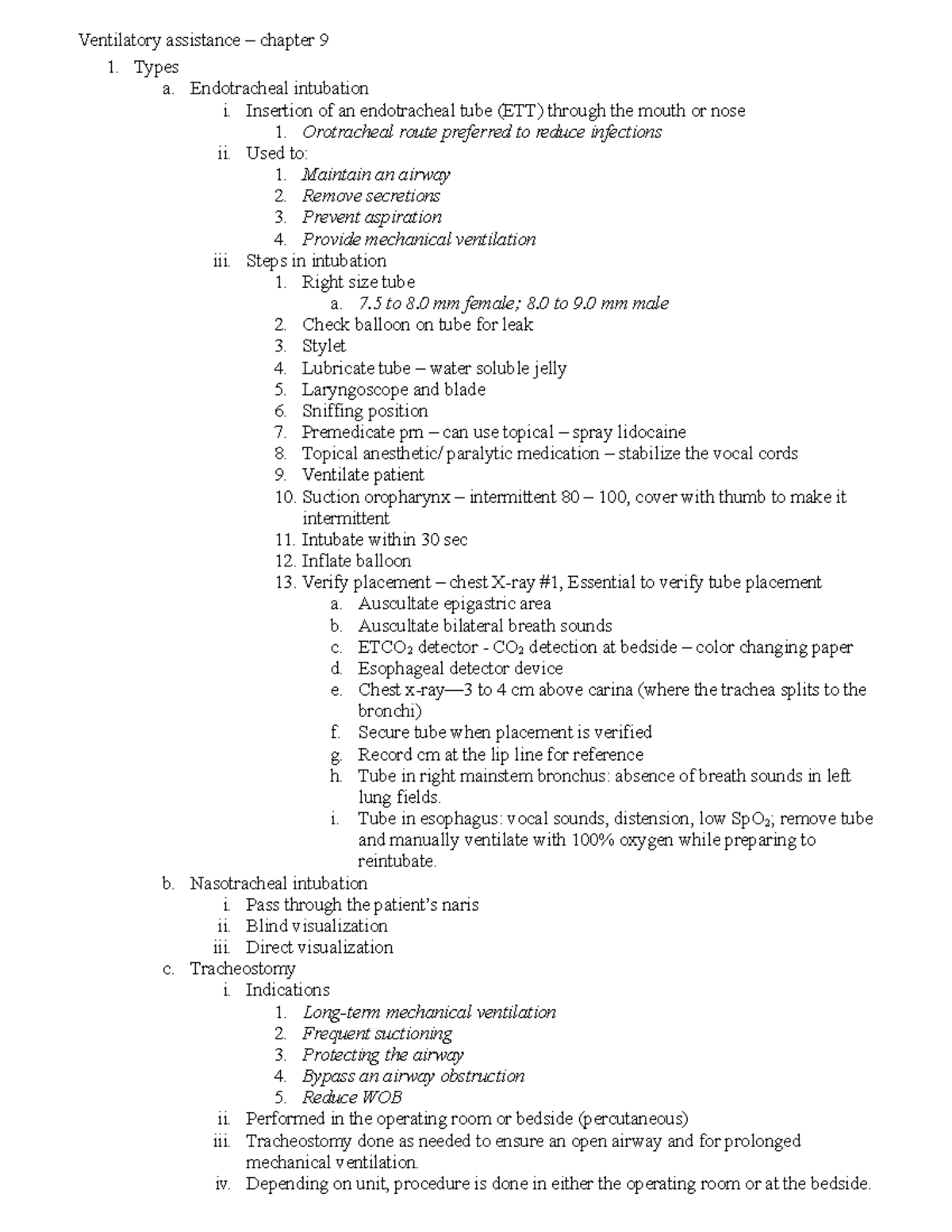 Exam 2 study guide - This document includes; ventilatory assistance ...