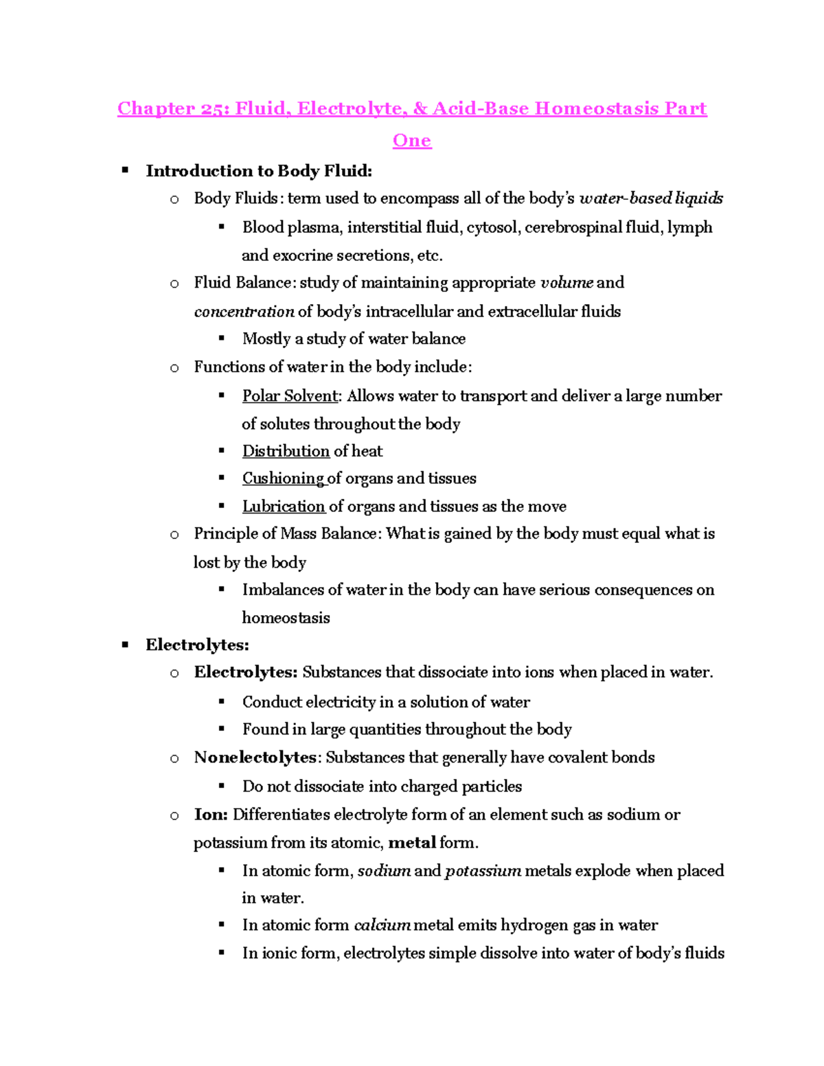 Chapter 25 Part One - Notes for exam 3 - Chapter 25: Fluid, Electrolyte ...