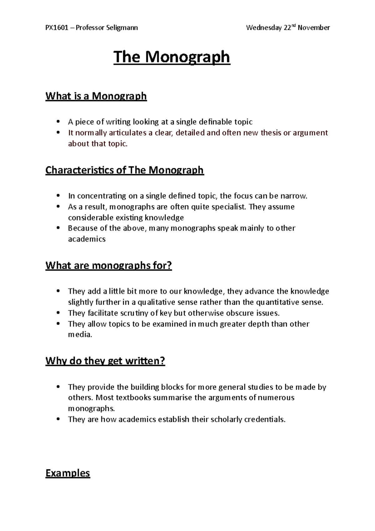 The MonographSummarywork PX1601 Professor Seligmann Wednesday 22nd