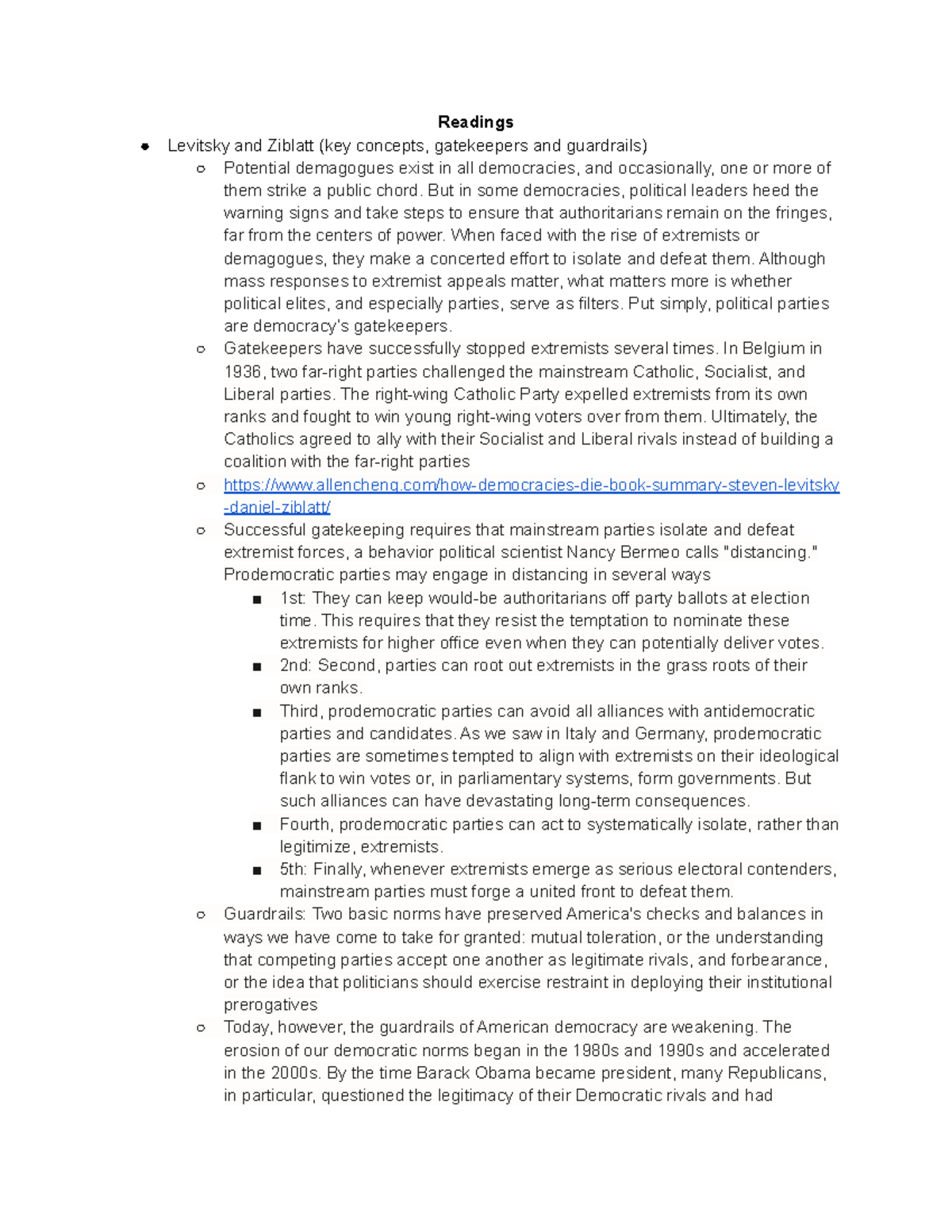 Democracy Final Study Guide - Readings Levitsky and Ziblatt (key ...